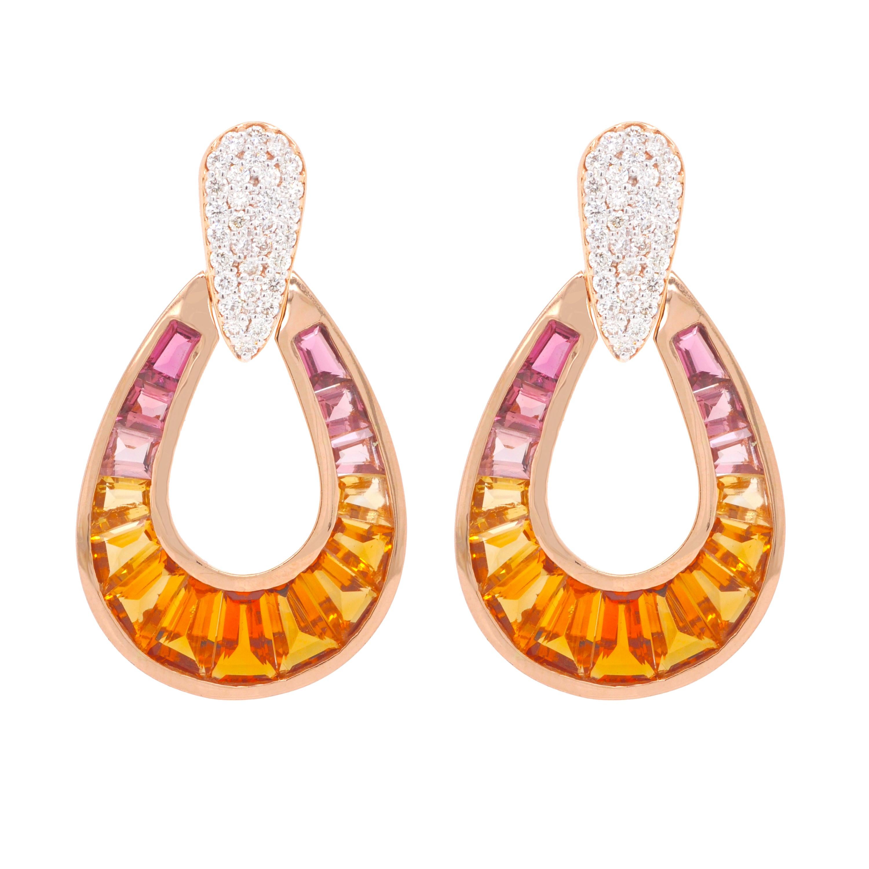 Women's 18 Karat Rose Gold Citrine Pink Tourmaline Baguette Diamond Pear-shape Earrings For Sale