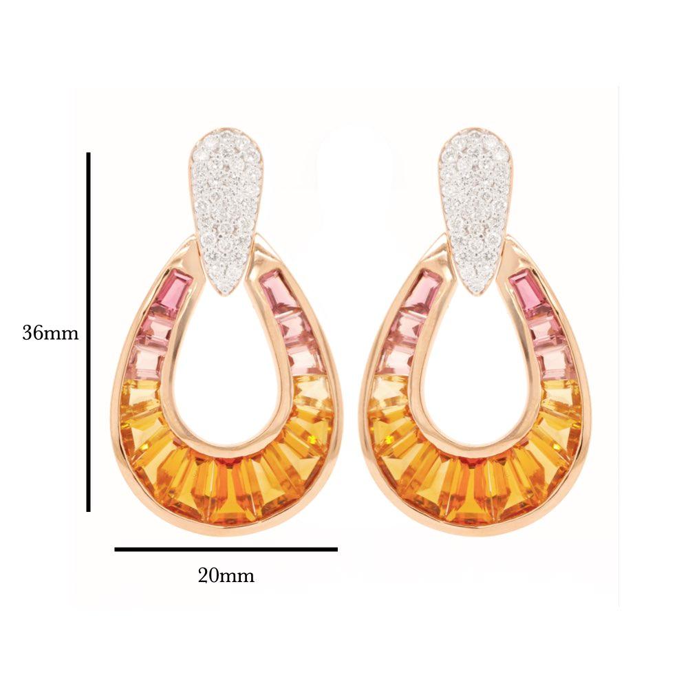 18 Karat Rose Gold Citrine Pink Tourmaline Baguette Diamond Pear-shape Earrings For Sale 1