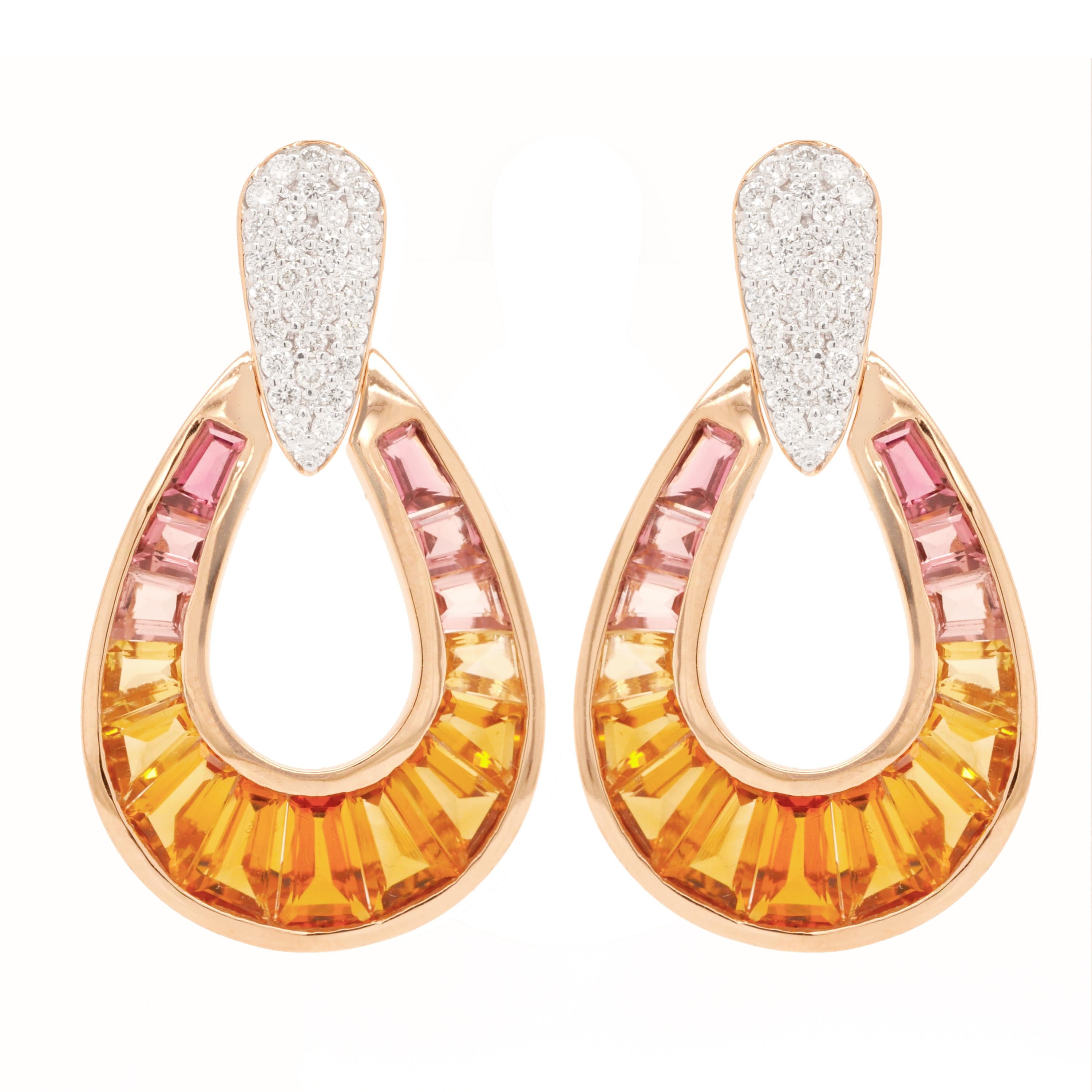 Boucles d'oreilles en or rose 18 carats, citrine, tourmaline rose, diamant baguette en forme de poire