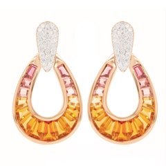 Boucles d'oreilles en or rose 18 carats, citrine, tourmaline rose, diamant baguette en forme de poire