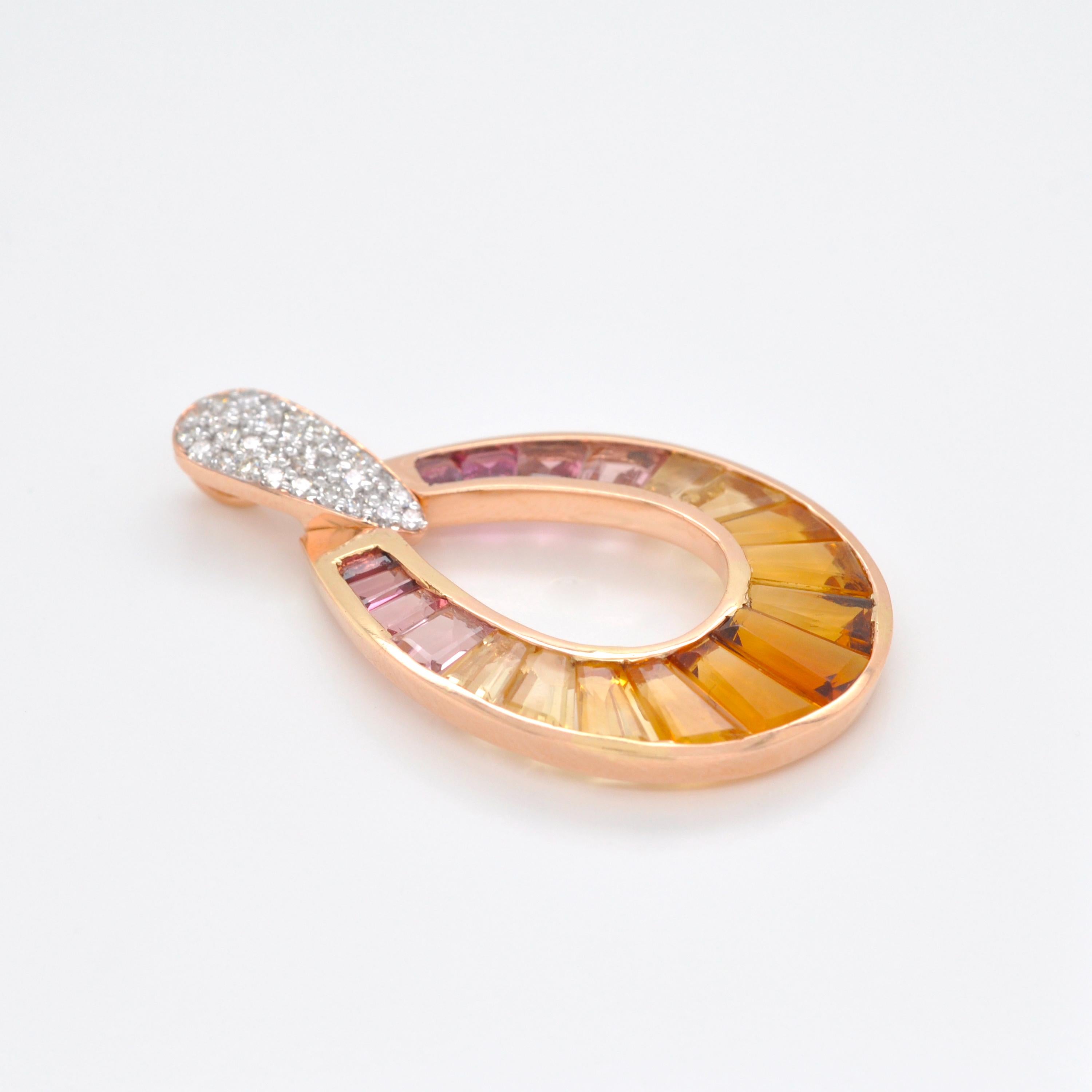 18 Karat Rose Gold Citrine Pink Tourmaline Taper Baguette Diamond Pear Pendant In New Condition For Sale In Jaipur, Rajasthan