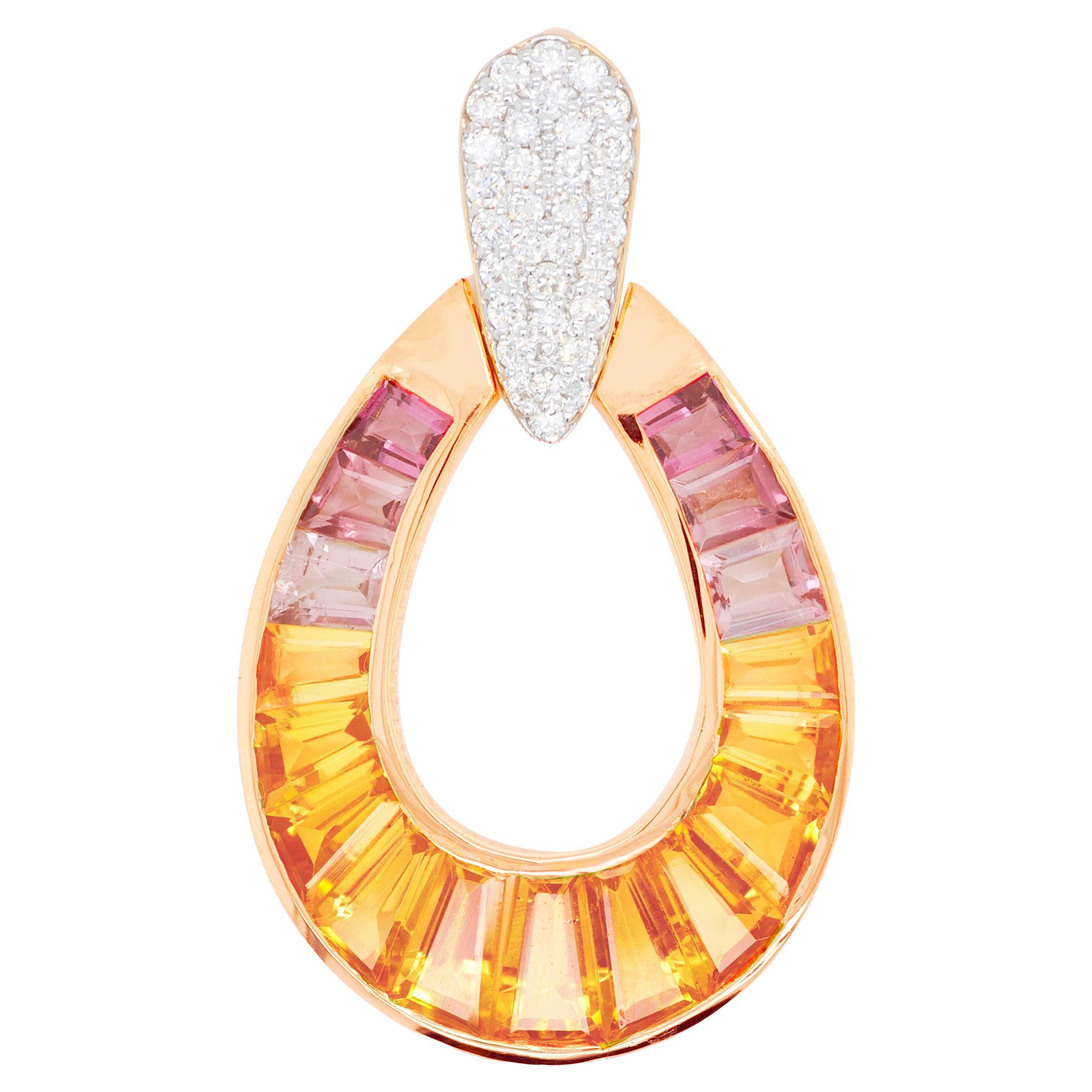 18 Karat Rose Gold Citrine Pink Tourmaline Taper Baguette Diamond Pear Pendant For Sale