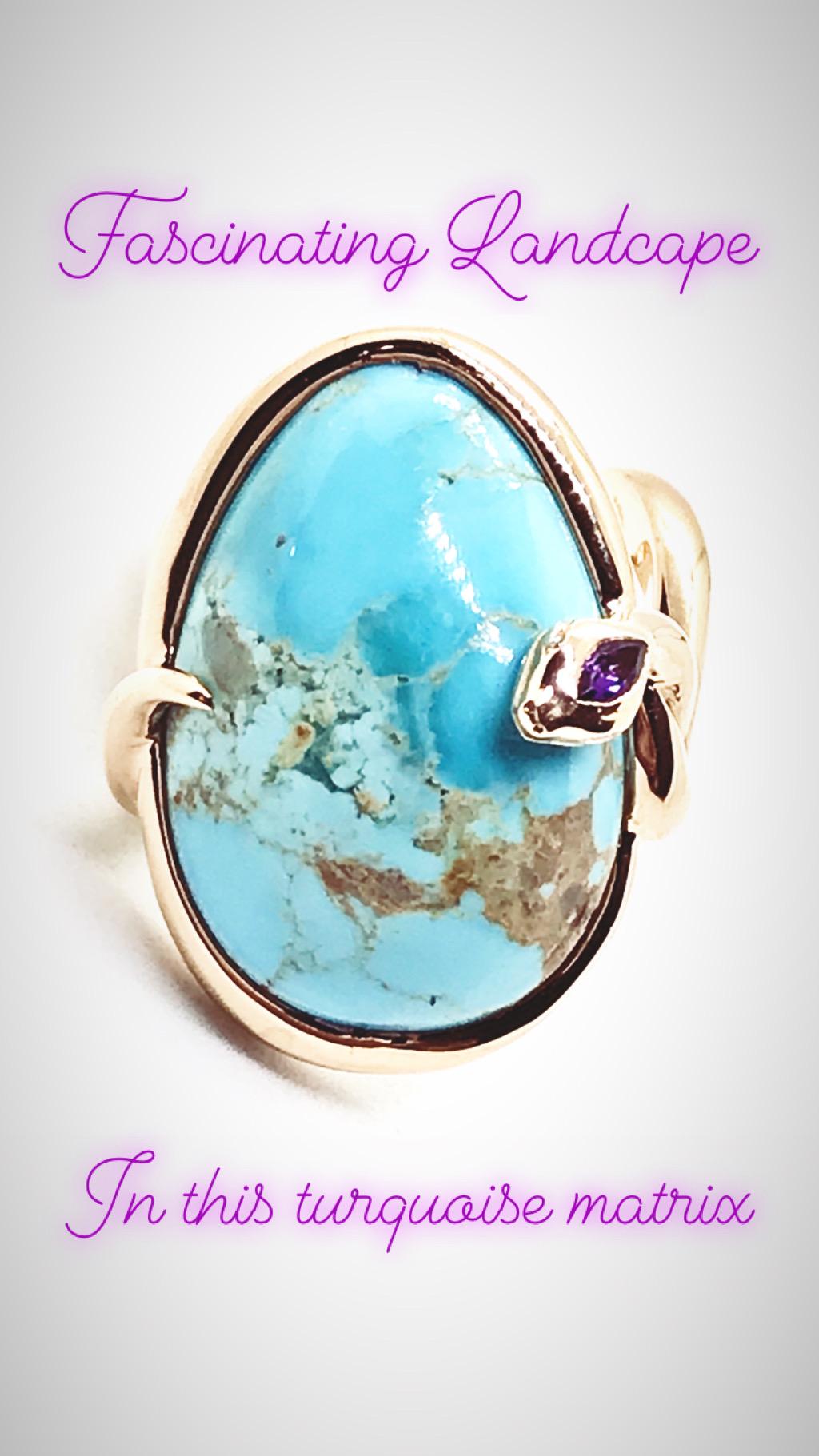 18 Karat Rose Gold Cocktail Ring Set with Turquoise Cabochon, Amethyst, Diamonds For Sale 1