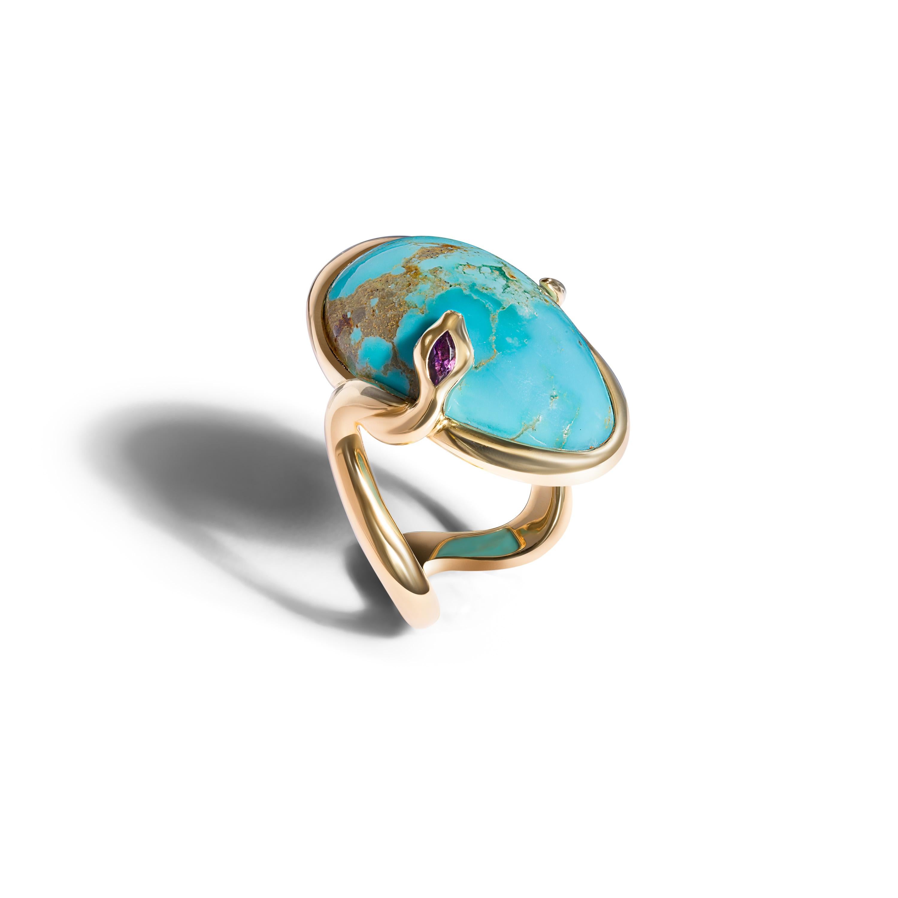 Contemporary 18 Karat Rose Gold Cocktail Ring Set with Turquoise Cabochon, Amethyst, Diamonds For Sale