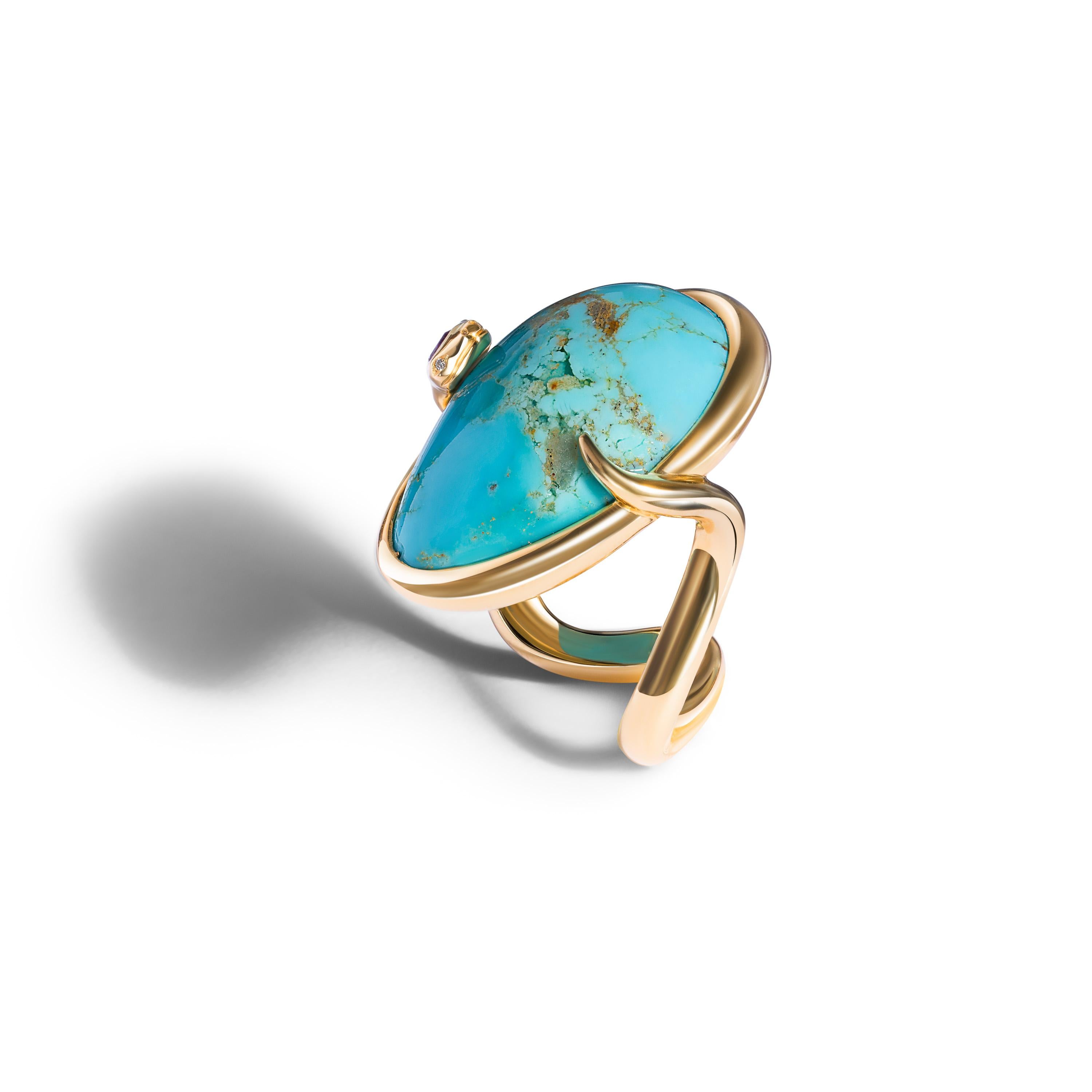 “DELPHI” is a statement  18 K. Rose gold snake cocktail ring, set with a natural Arizona turquoise matrix cabochon (25,3 cts) amethyst, and white diamonds. 
Handcrafted in Geneva Switzerland. Size 53.