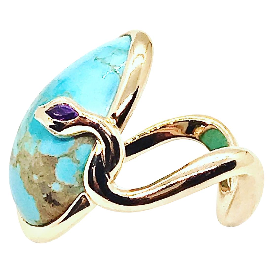 18 Karat Rose Gold Cocktail Ring Set with Turquoise Cabochon, Amethyst, Diamonds For Sale