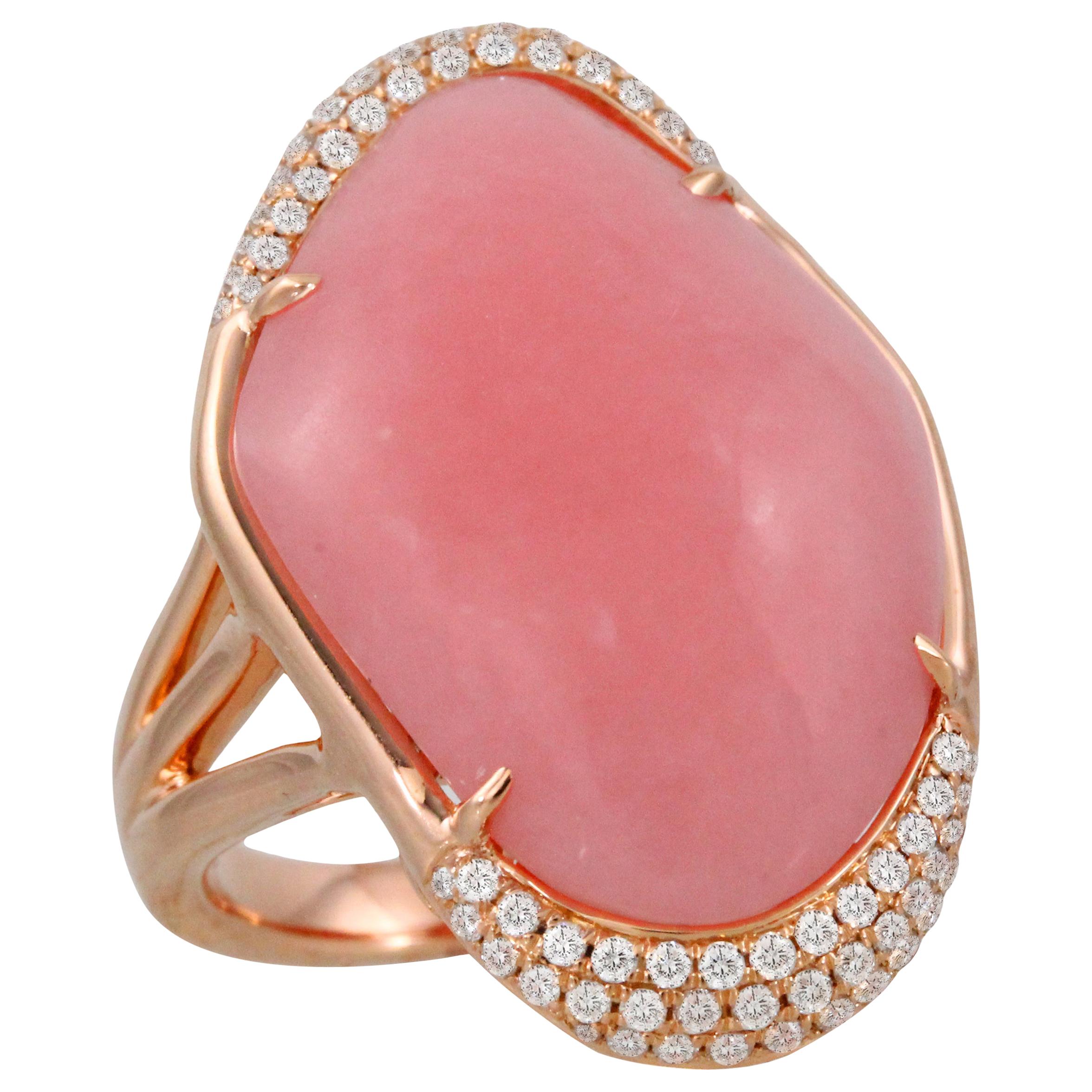 18 Karat Rose Gold Cocktail Ring with Cabochon Pink Opal and Diamonds For Sale