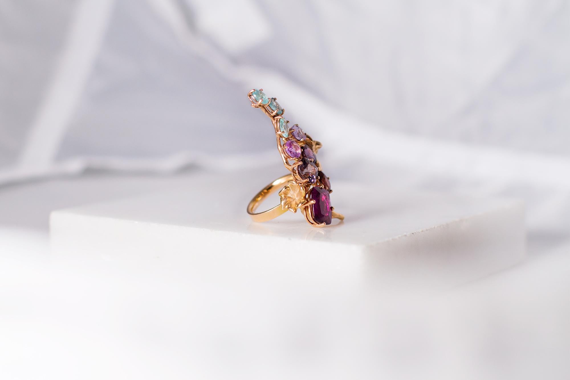 Contemporary Eighteen Karat Rose Gold Cocktail Ring with Pink Sapphire and Malaya Garnets For Sale