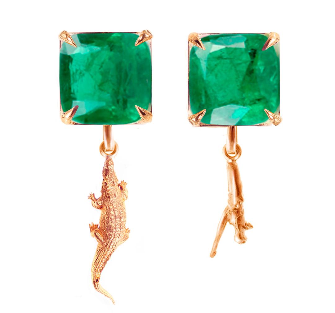 Women's or Men's Eighteen Karat Rose Gold Cocktail Stud Earrings with Natural Vivid Emeralds For Sale