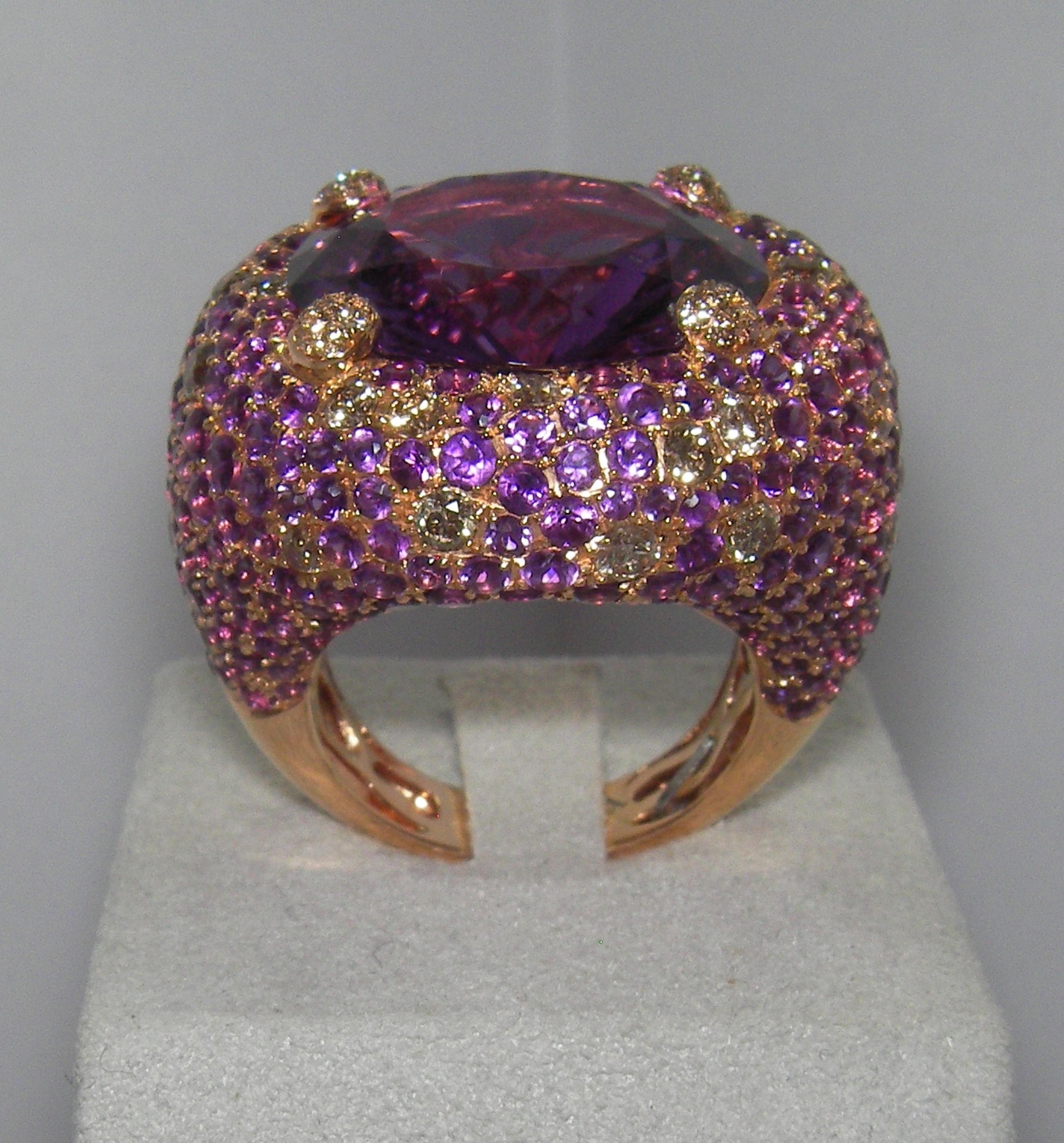 Round Cut 18 Karat Rose Gold Cognac Diamond and Amethyst Ring