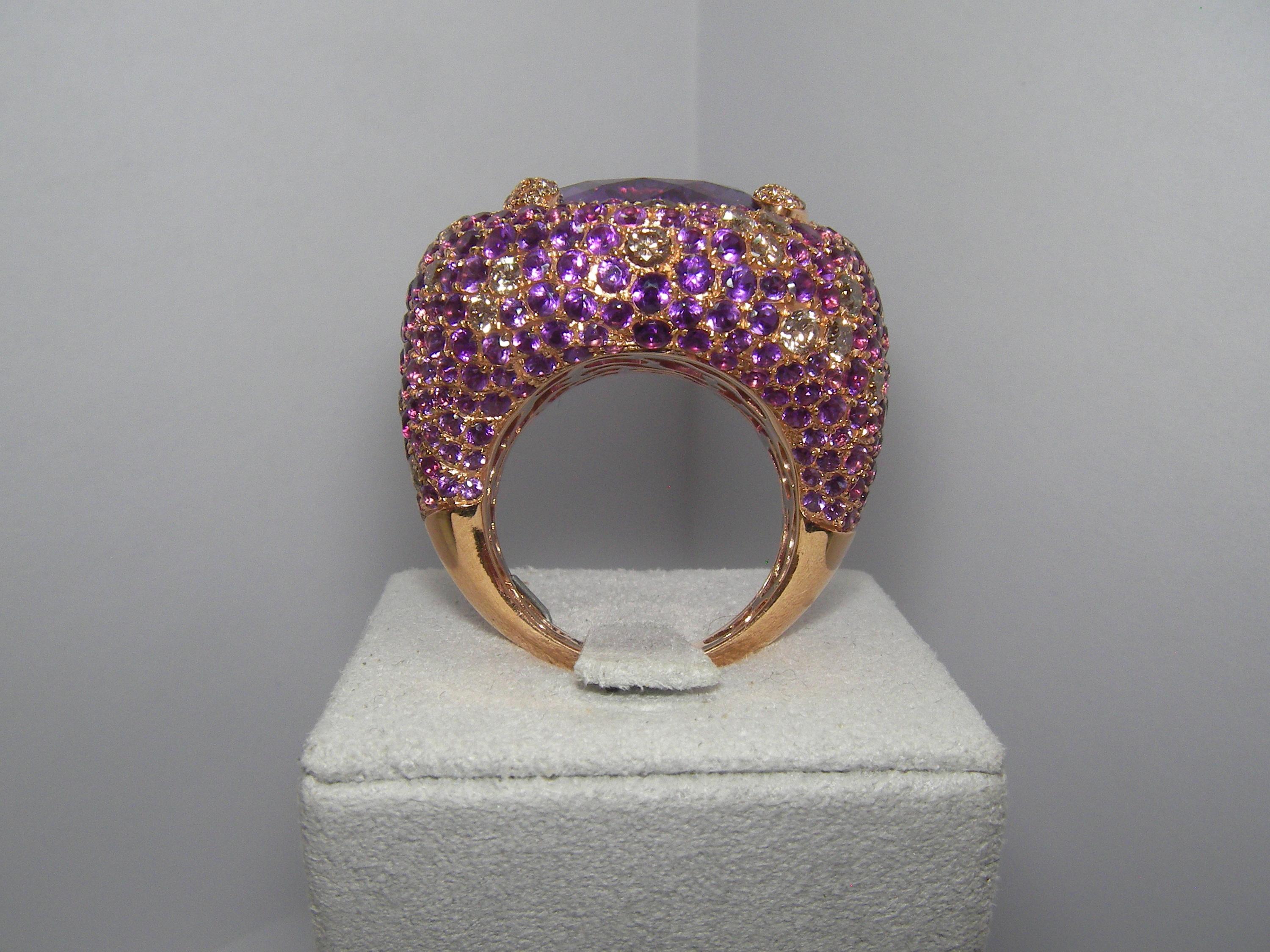 Women's or Men's 18 Karat Rose Gold Cognac Diamond and Amethyst Ring