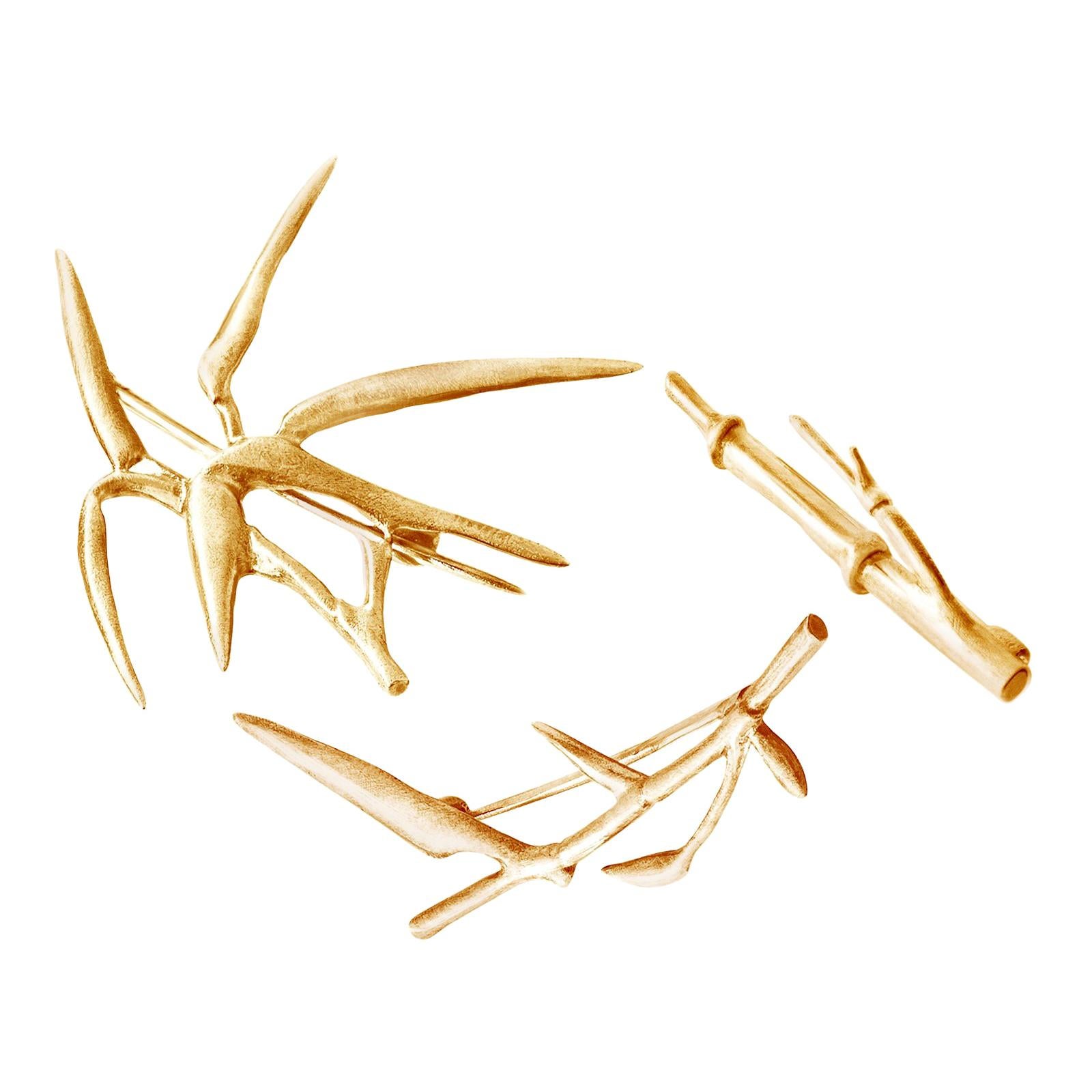 Eighteen Karat Rose Gold Artist Contemporary Bamboo Brooches Triptych For Sale