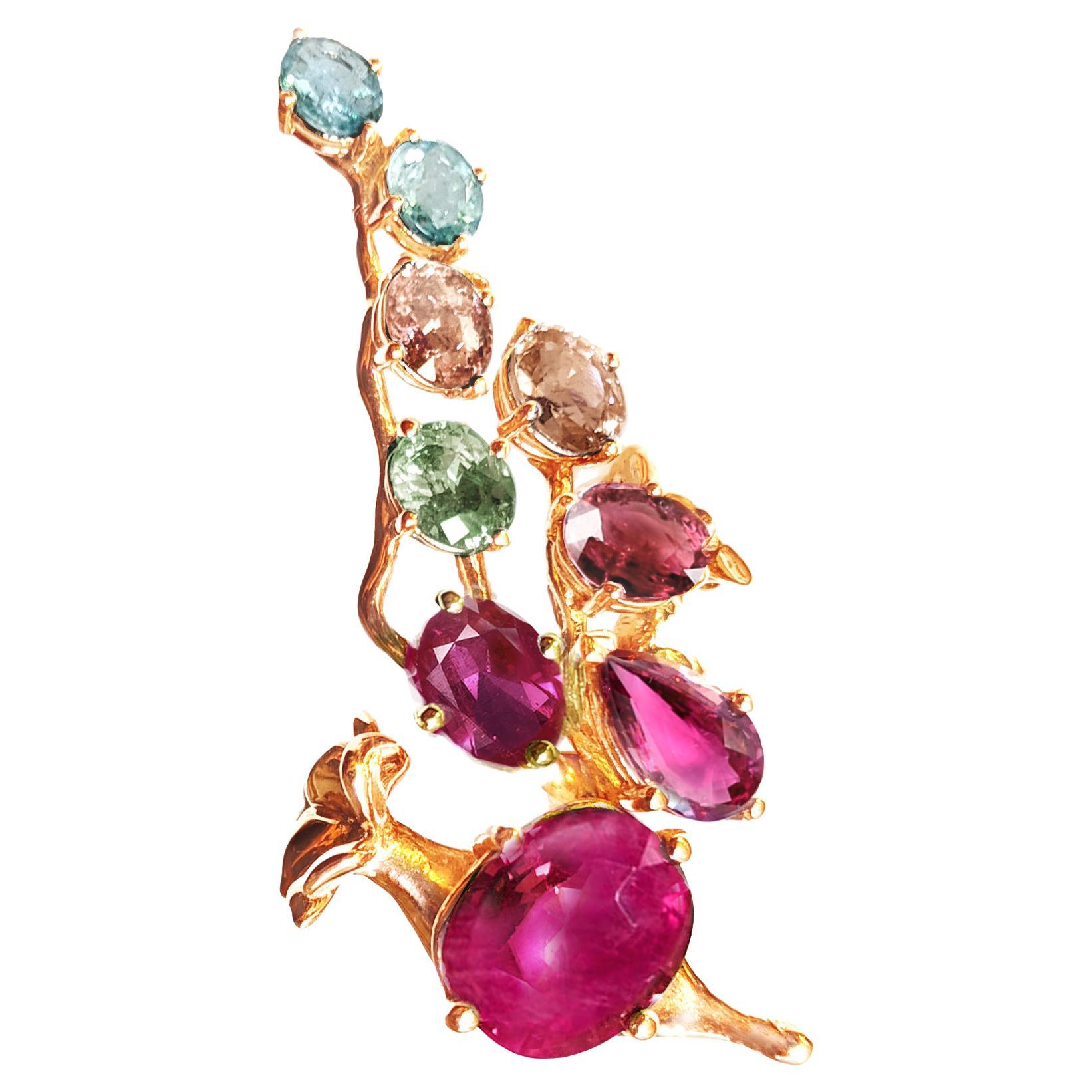 Rose Gold Contemporary Sculptural Brooch with Sapphires and Malaya Garnets For Sale