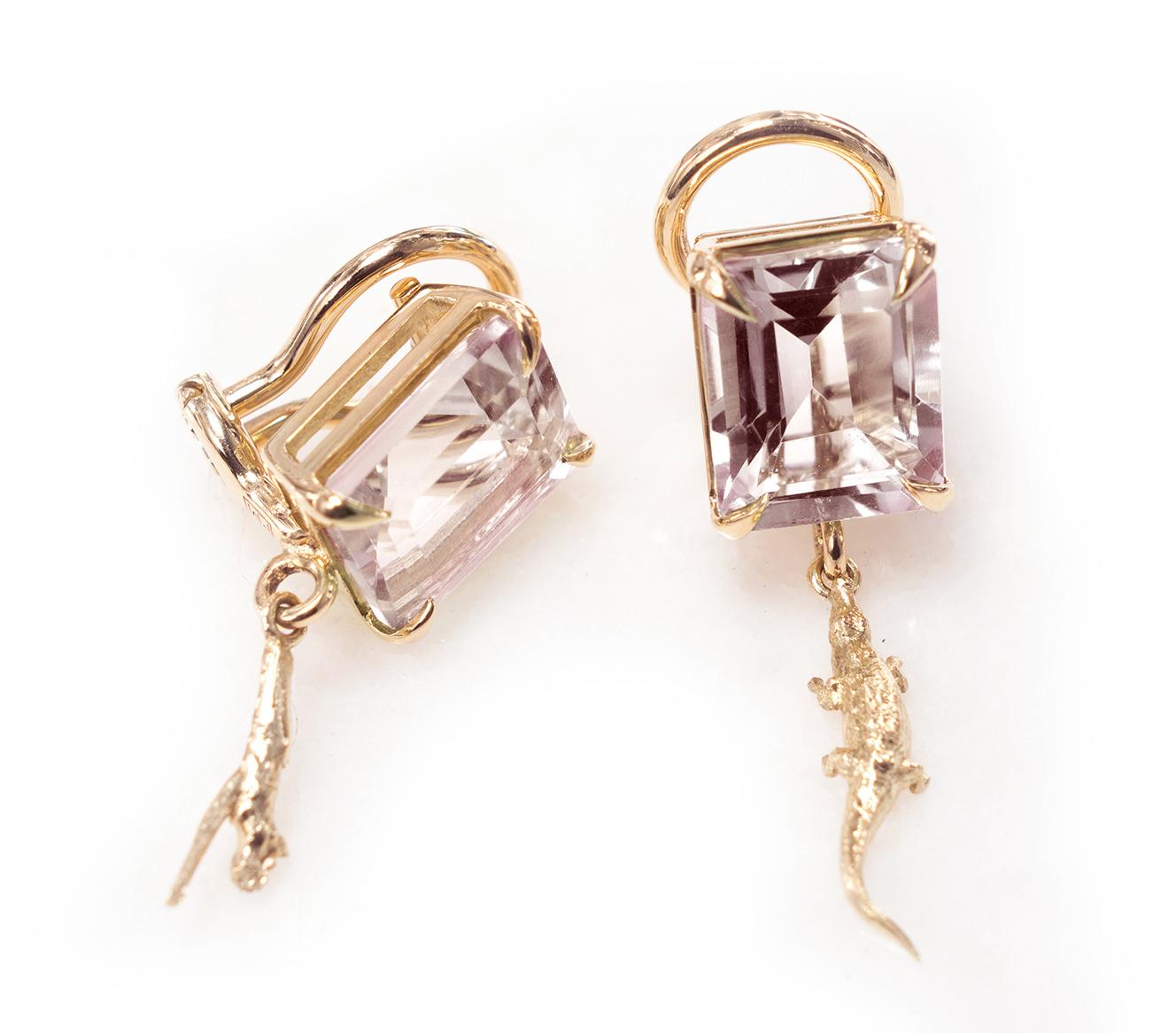 These contemporary Mesopotamia clip-on earrings with morganites (9x7 mm each, octagon cut) belong to Tea collection, which was featured in Vogue UA published issue. These earrings are made of 18 karat rose gold and designed by the oil painter from