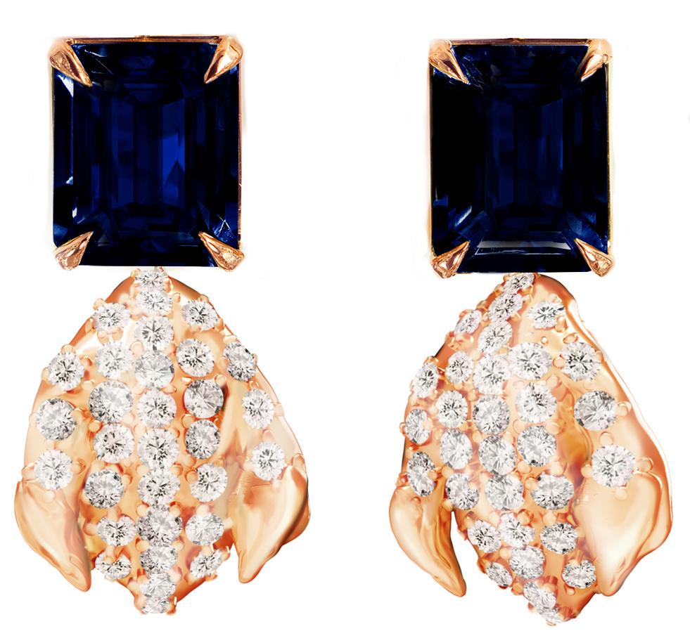 Boucles d'oreilles contemporaines à clip en or rose avec saphirs et soixante-deux diamants en vente 6