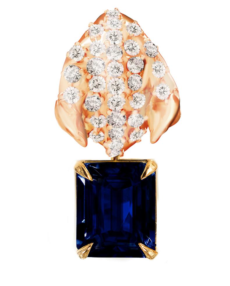 Zeitgenössische Clip-Ohrringe aus Roségold mit Saphiren und zweiundsechzig Diamanten im Angebot 8