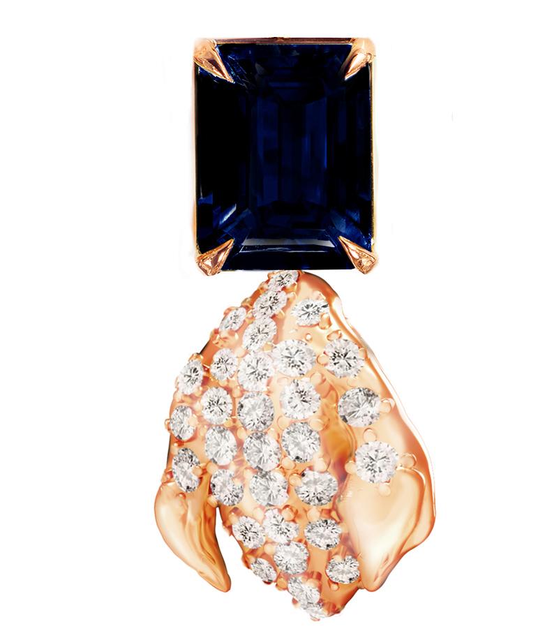 Taille octogone Boucles d'oreilles contemporaines à clip en or rose avec saphirs et soixante-deux diamants en vente