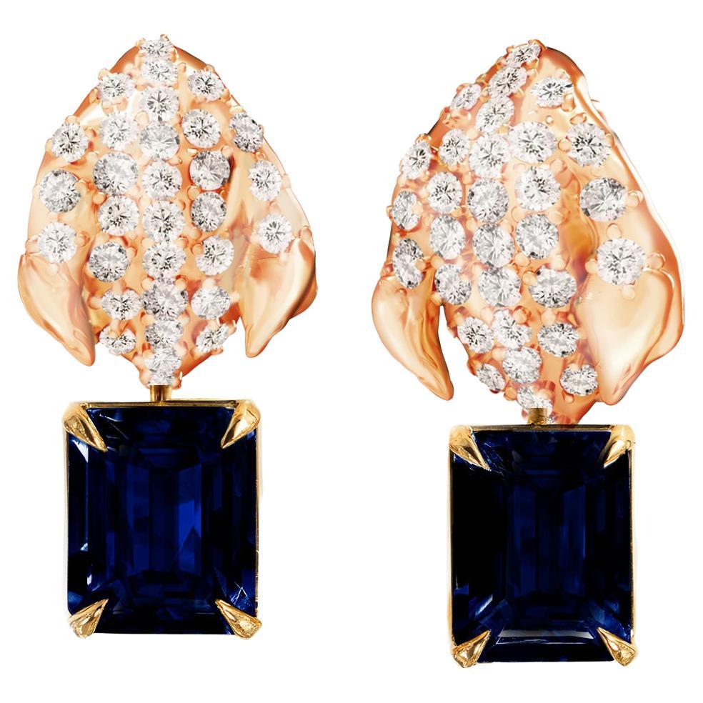 Rose Gold Contemporary Clip-on Earrings with Sapphires and Sixty Two Diamonds For Sale