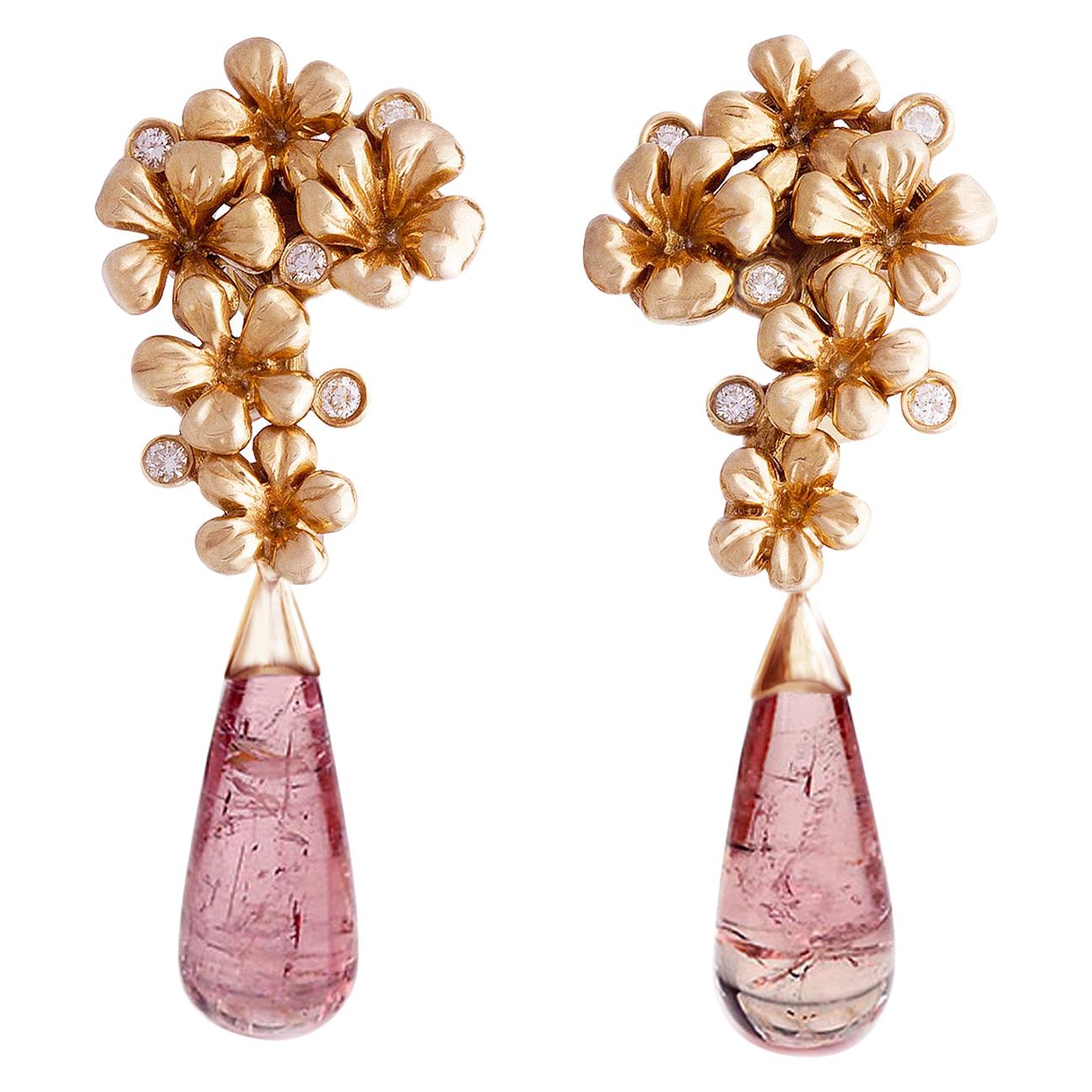 Rose Gold Contemporary Cocktail Earrings with Diamonds and Tourmalines For Sale