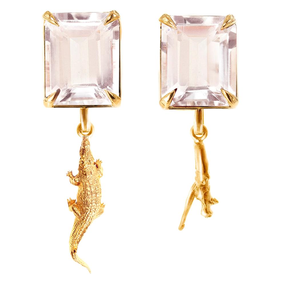 Yellow Gold Contemporary Dangle Earrings with Light Pink Morganites For Sale