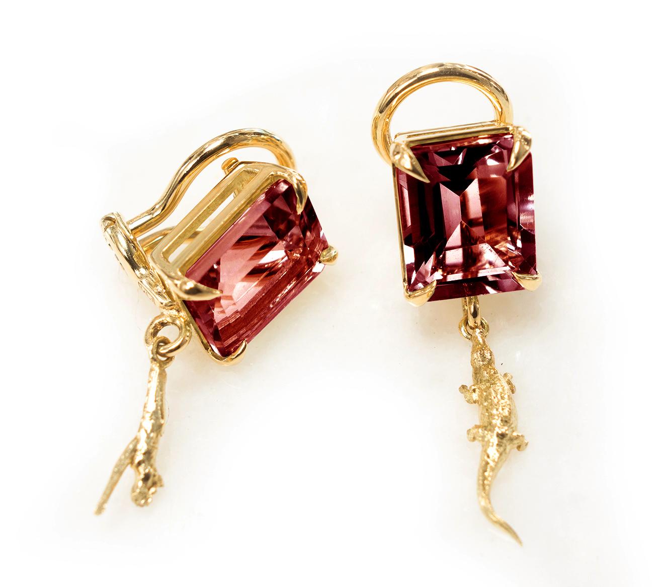 Baguette Cut Eighteen Karat Rose Gold Contemporary Earrings with Rhodolite Garnets For Sale