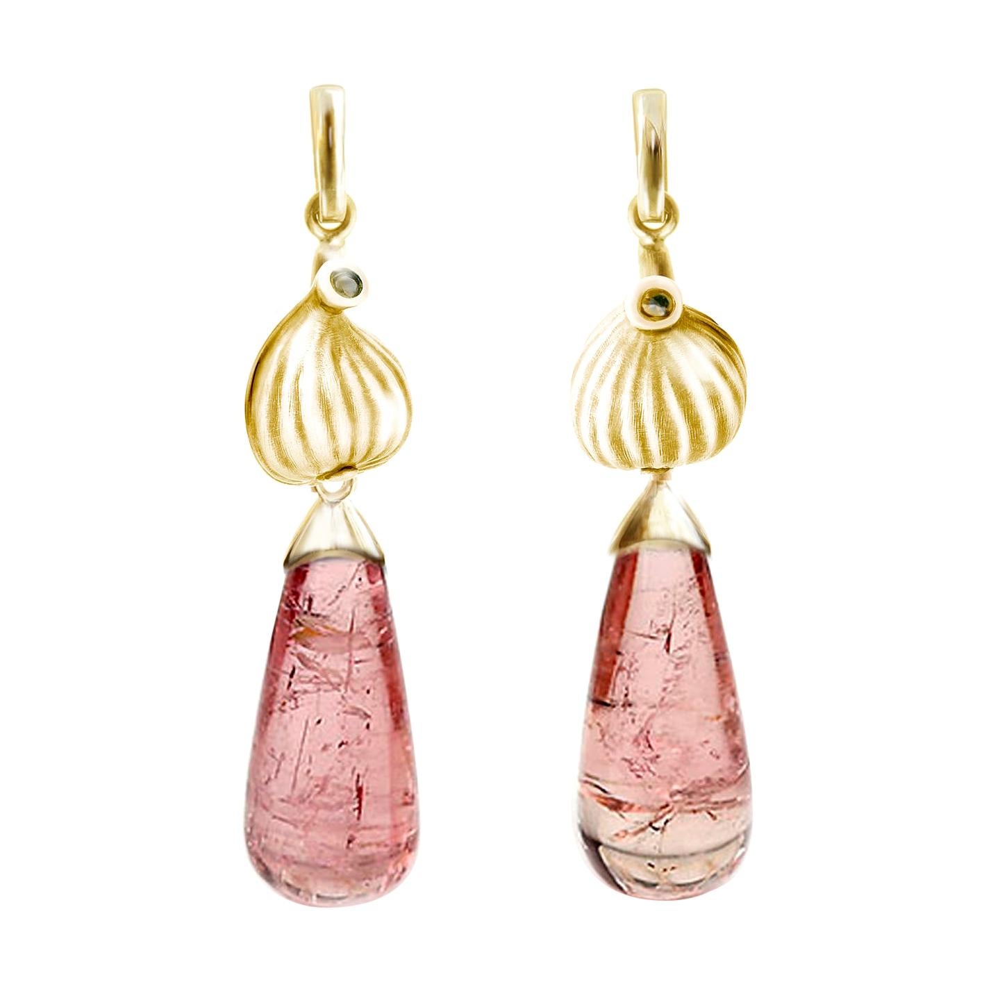 Eighteen Karat Rose Gold Contemporary Fig Garden Earrings with Pink Tourmalines For Sale 5