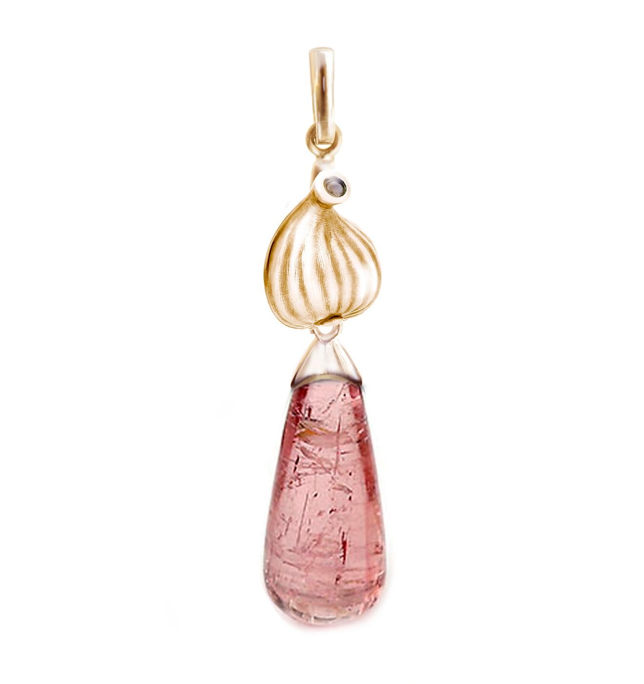 These contemporary Fig Garden drop earrings are made of 18-karat rose gold with natural rose tourmalines that measure 20x8mm each (total of 16 carats) and round diamonds. The Fig collection was featured in a Vogue UA review and was designed by an