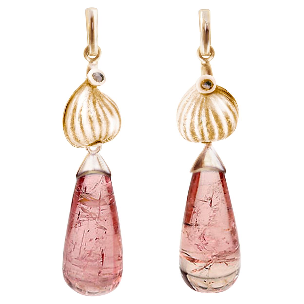 Eighteen Karat Rose Gold Contemporary Fig Garden Earrings with Pink Tourmalines For Sale