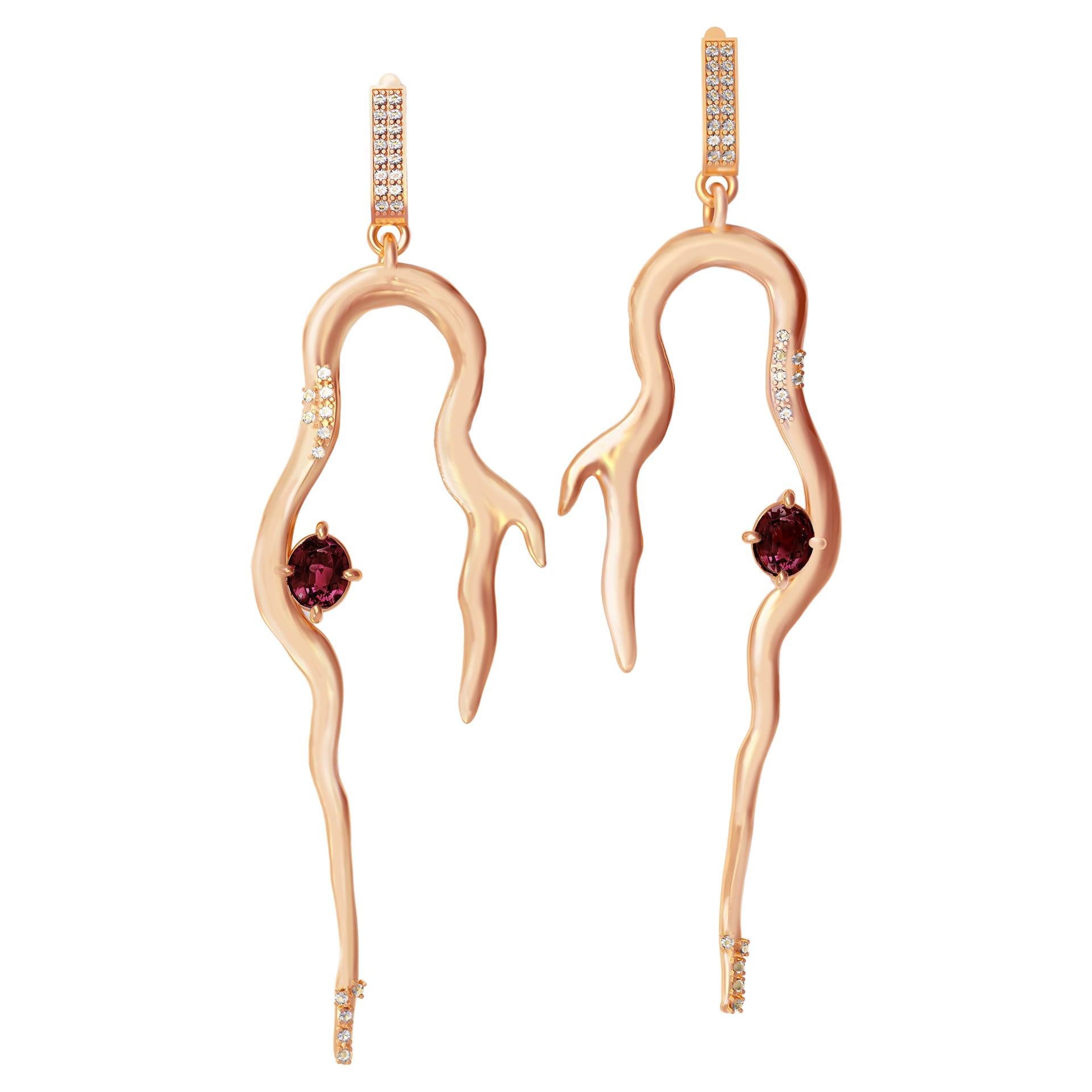 Eighteen Karat Rose Gold Contemporary Earrings with Sapphire and Diamonds For Sale