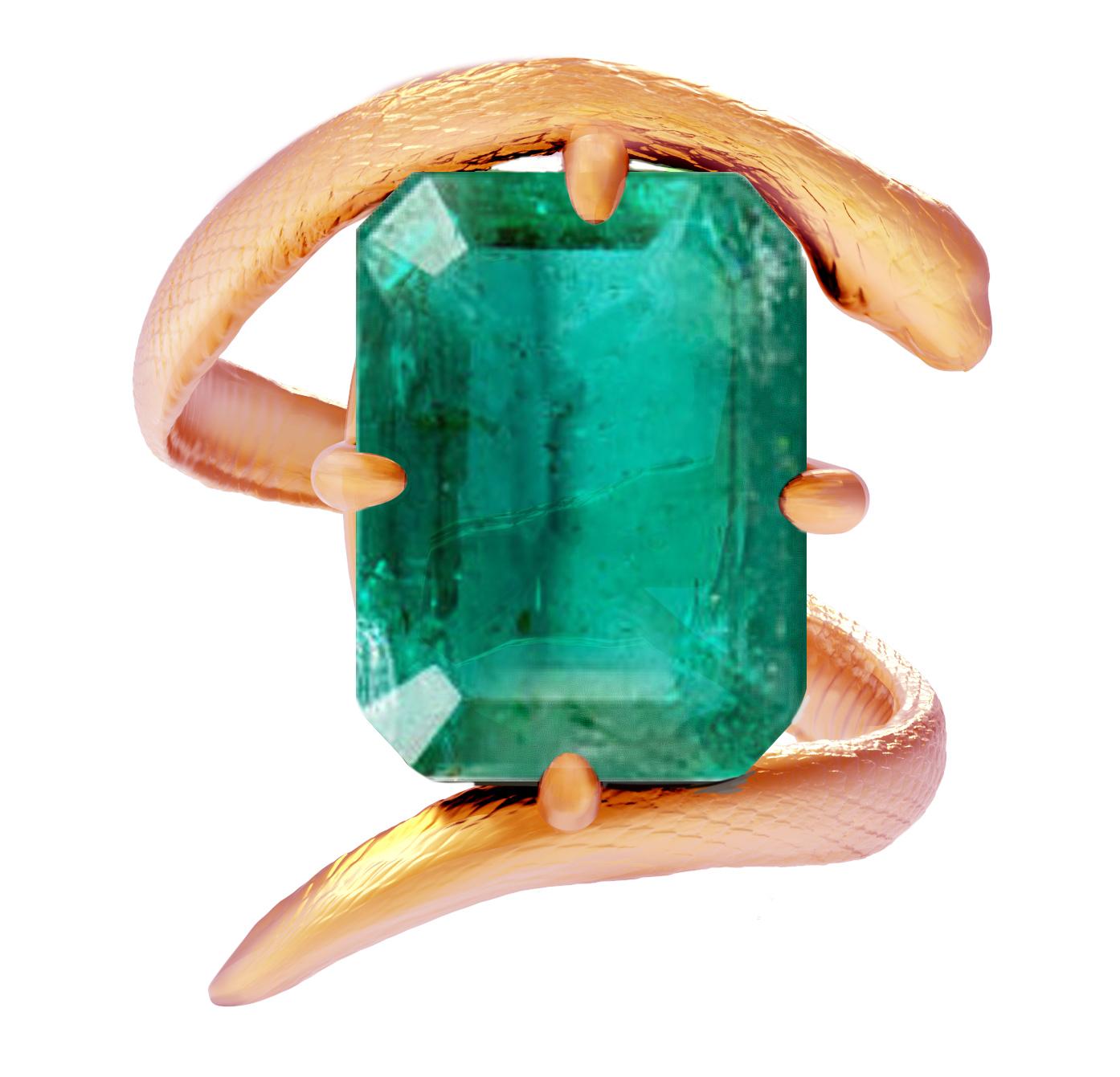 Women's or Men's Rose Gold Contemporary Serpent Ring with Three Carats Natural Green Emerald For Sale