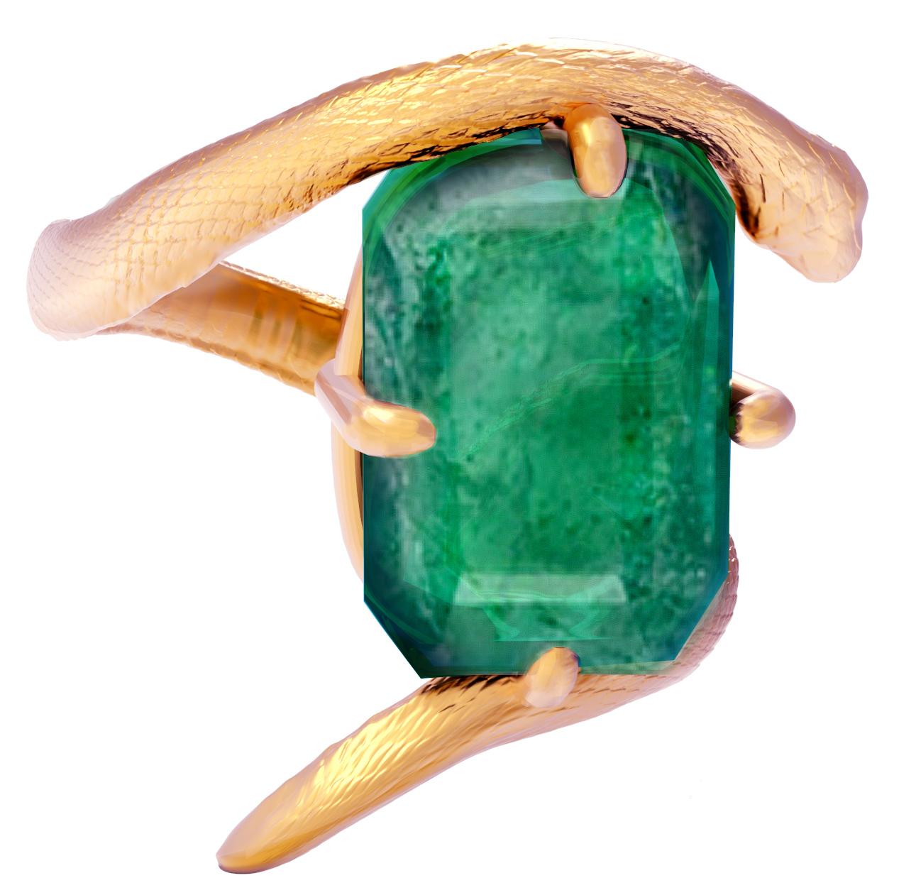 Rose Gold Contemporary Serpent Ring with Three Carats Natural Green Emerald For Sale 1
