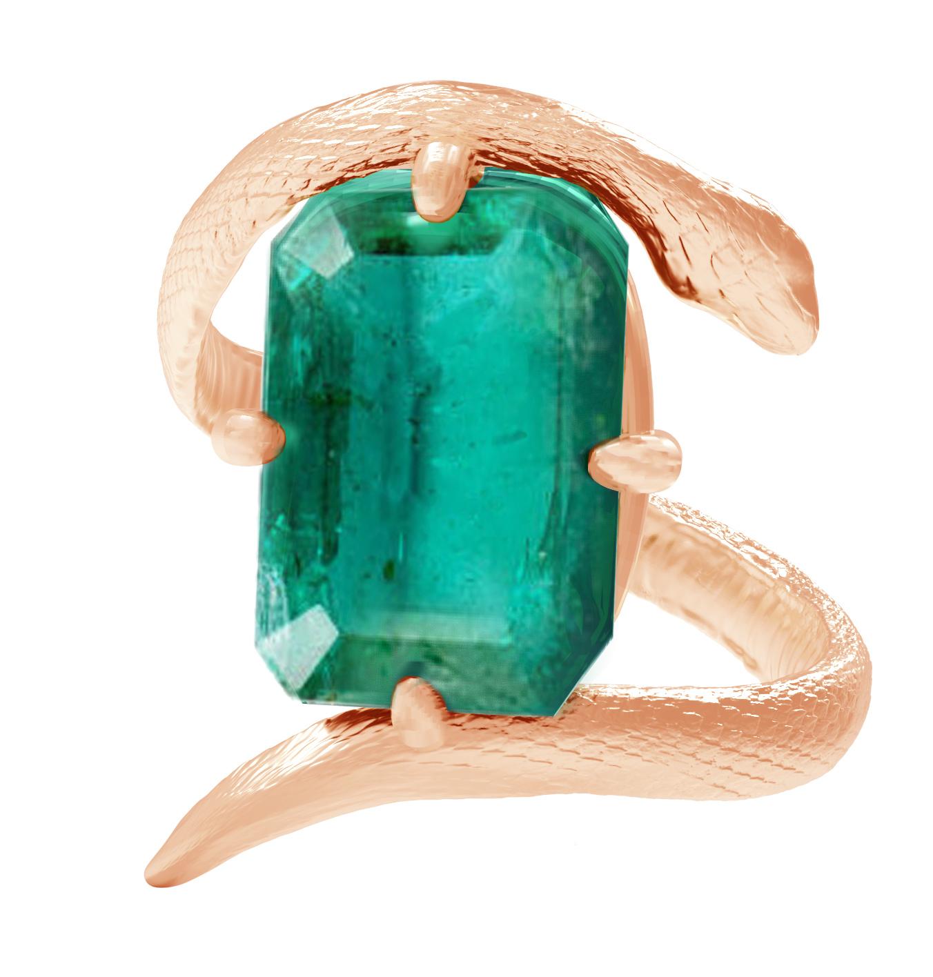 Rose Gold Contemporary Serpent Ring with Three Carats Natural Green Emerald For Sale 3