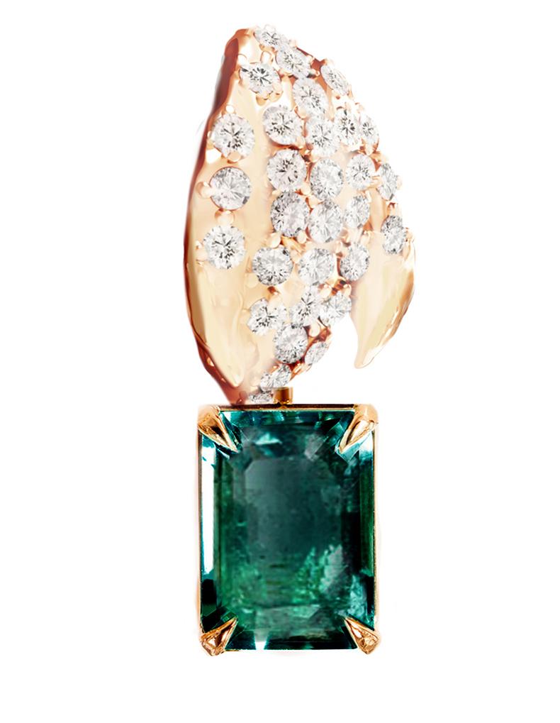 Zeitgenössische florale Brosche aus Roségold mit Diamanten und Smaragd im Angebot 1