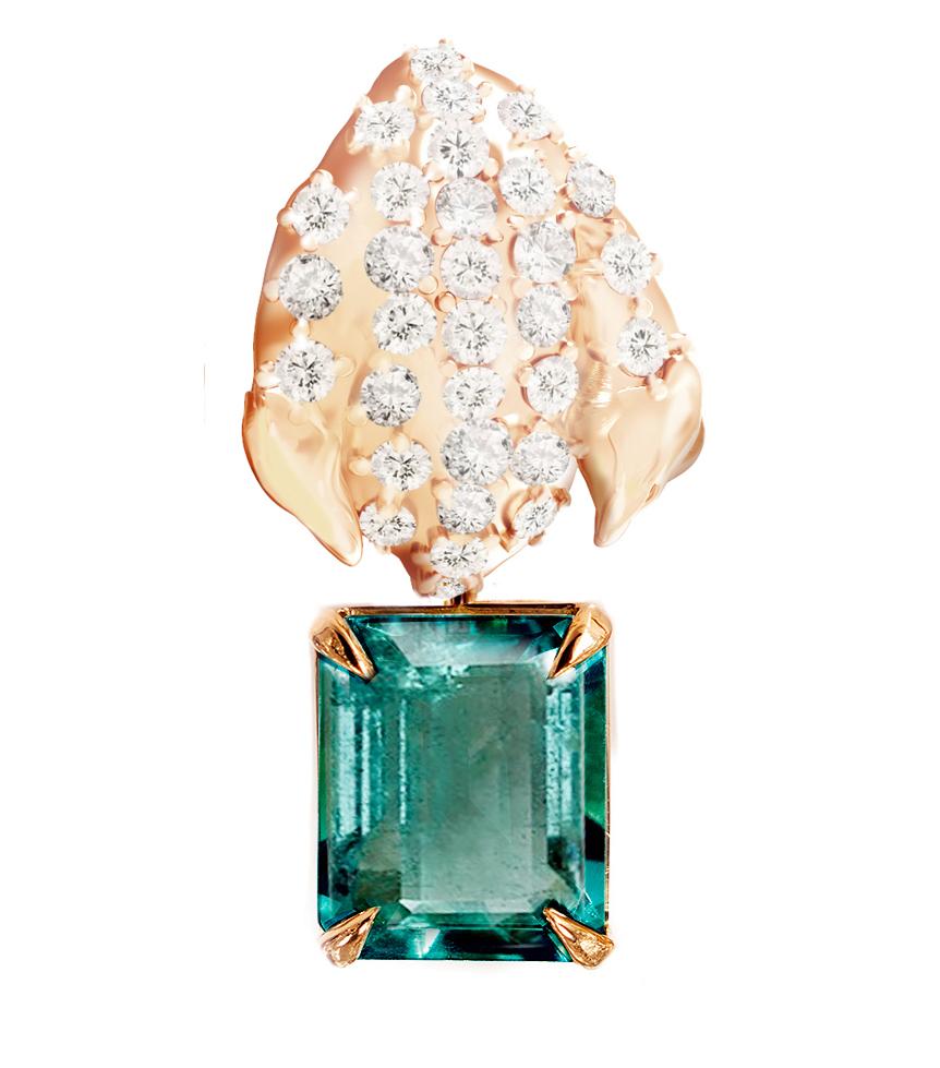 Zeitgenössische florale Brosche aus Roségold mit Diamanten und Smaragd im Angebot 2
