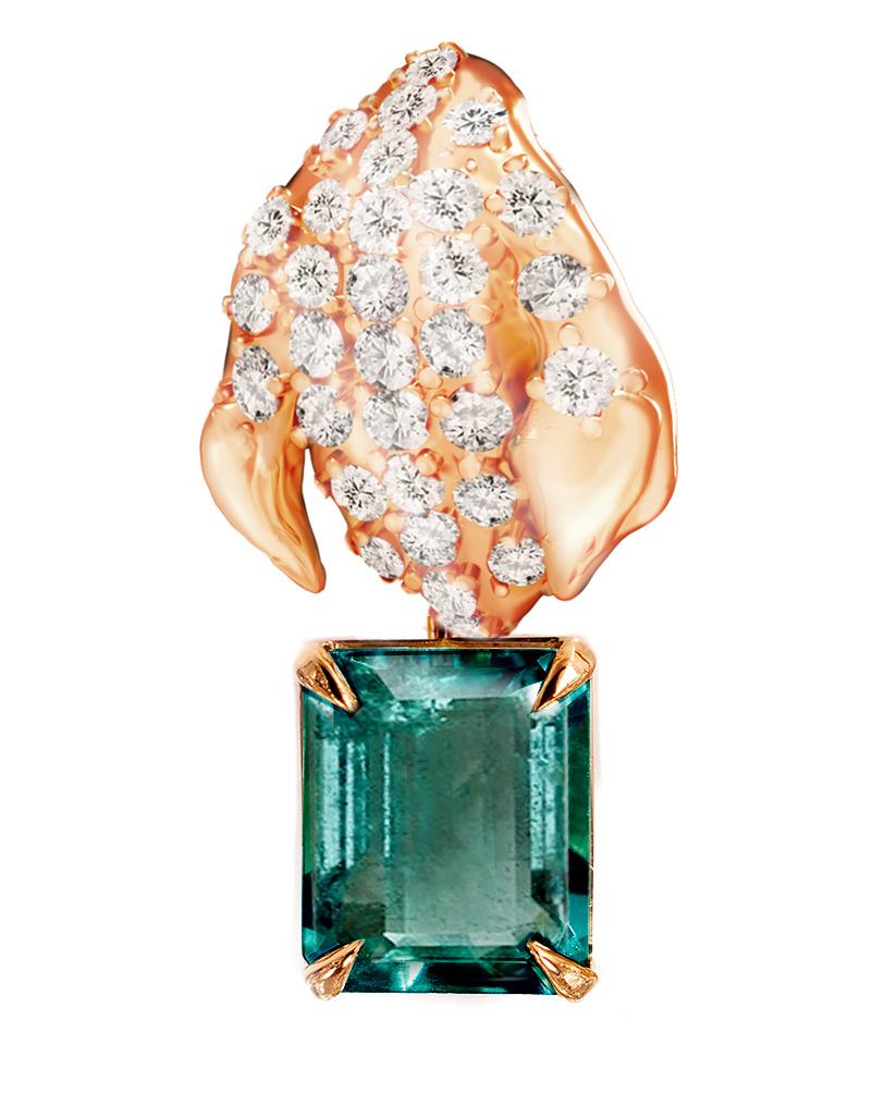 Zeitgenössische florale Brosche aus Roségold mit Diamanten und Smaragd im Angebot 4