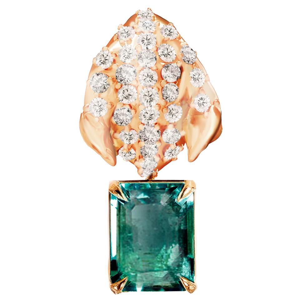Rose Gold Contemporary Floral Brooch with Diamonds and Emerald For Sale