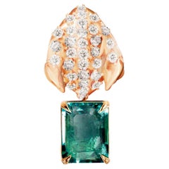 Rose Gold Contemporary Floral Brooch with Diamonds and Emerald