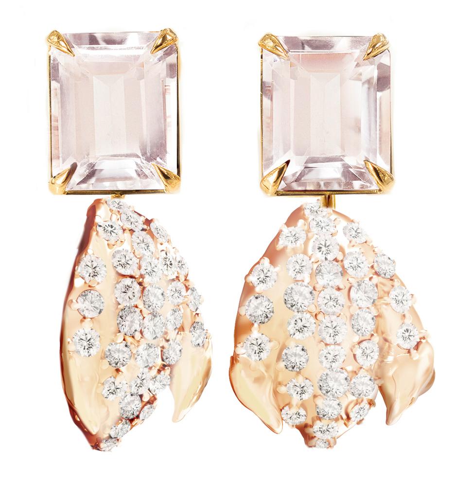 Octagon Cut Rose Gold Contemporary Floral Dangle Earrings with Diamonds For Sale