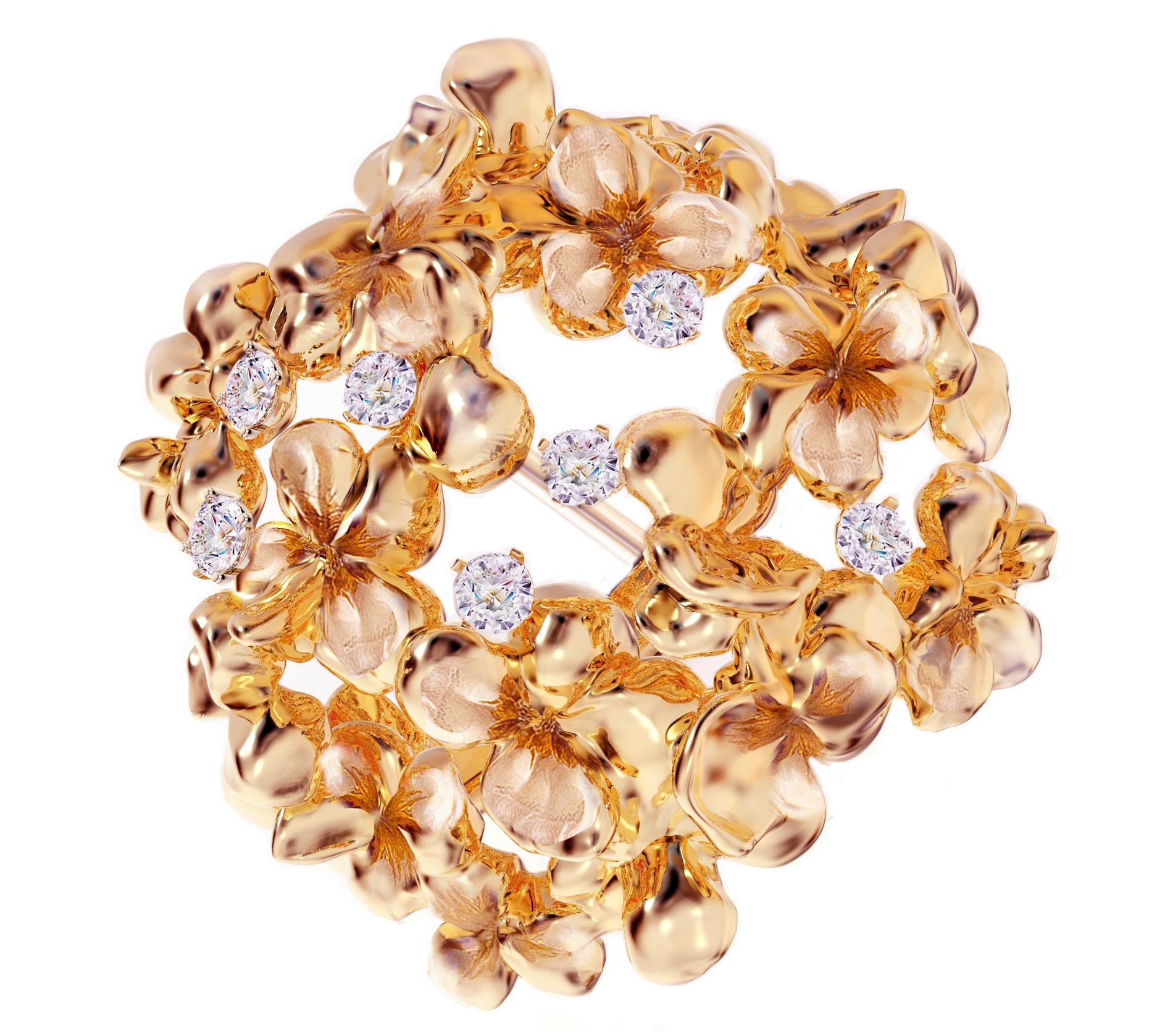 This contemporary Hortensia floral brooch is crafted from 18 karat rose gold and adorned with seven round natural diamonds (VS, F-G). The sculptural design adds extra highlights to the surface of the gold, while the diamonds add a delicate sparkle.
