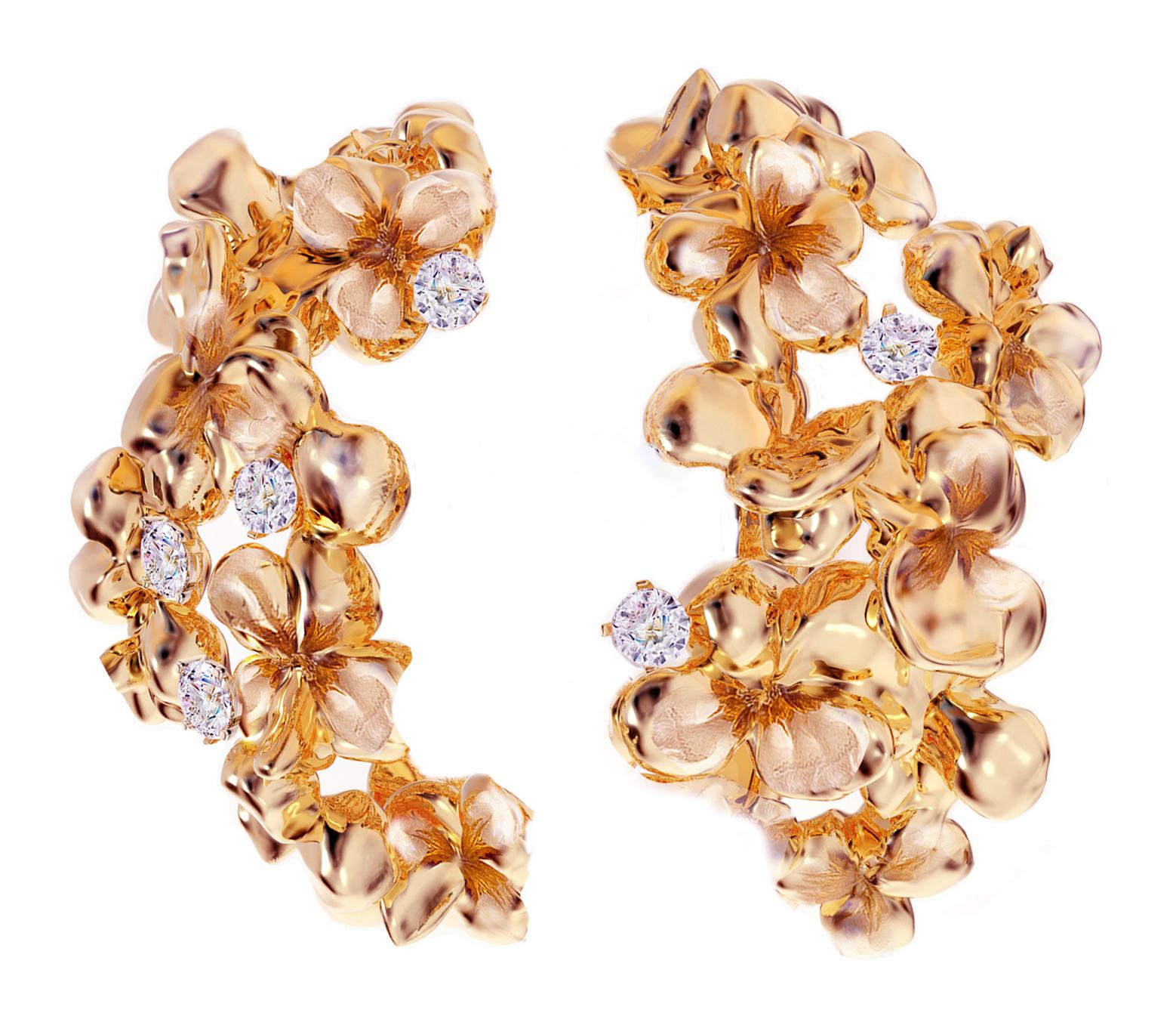 18 Karat Rose Gold Contemporary Hortensia Clip-on Earrings with Round Diamonds For Sale 3