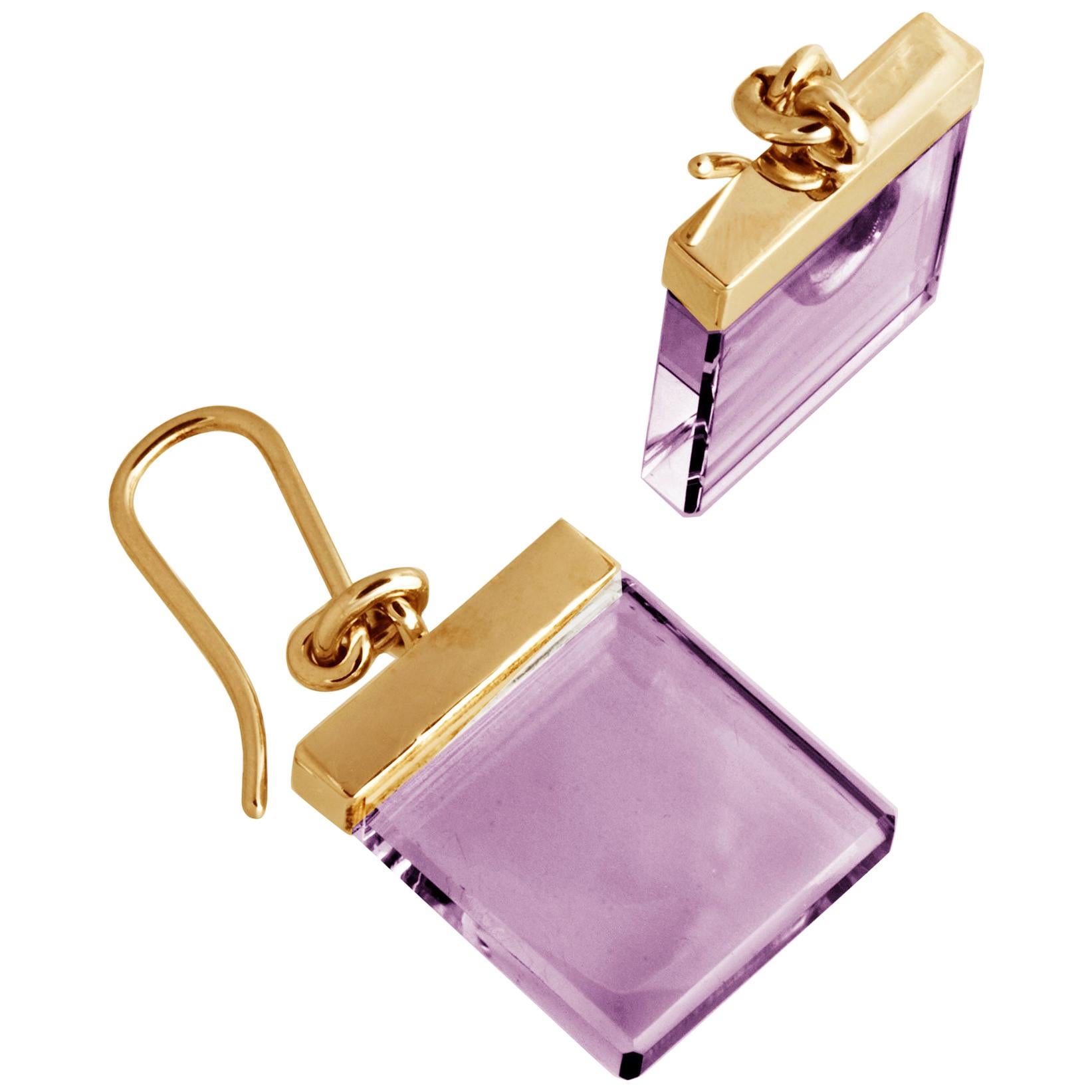 Eighteen Karat Rose Gold Contemporary Ink Earrings by Artist with Amethysts
