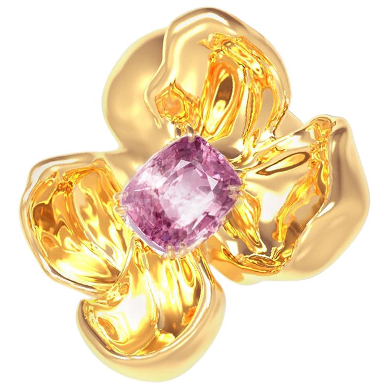 Rose Gold Contemporary Magnolia Brooch with Cushion Lavender Spinel For Sale