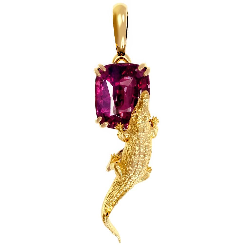 Yellow Gold Contemporary Pendant Necklace with Six Carats Red Sapphire For Sale 2