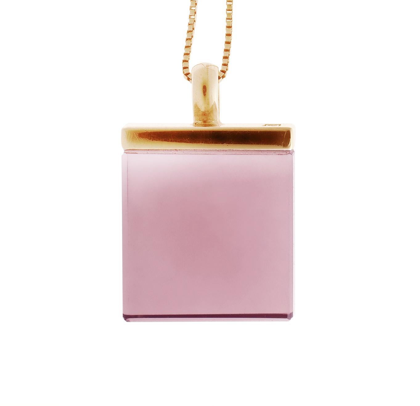 Square Cut Rose Gold Contemporary Pendant Necklace with Natural Pink Tourmaline For Sale
