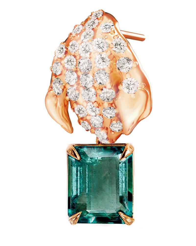Boucles d'oreilles pétales contemporaines en or rose avec émeraudes et diamants en vente 8