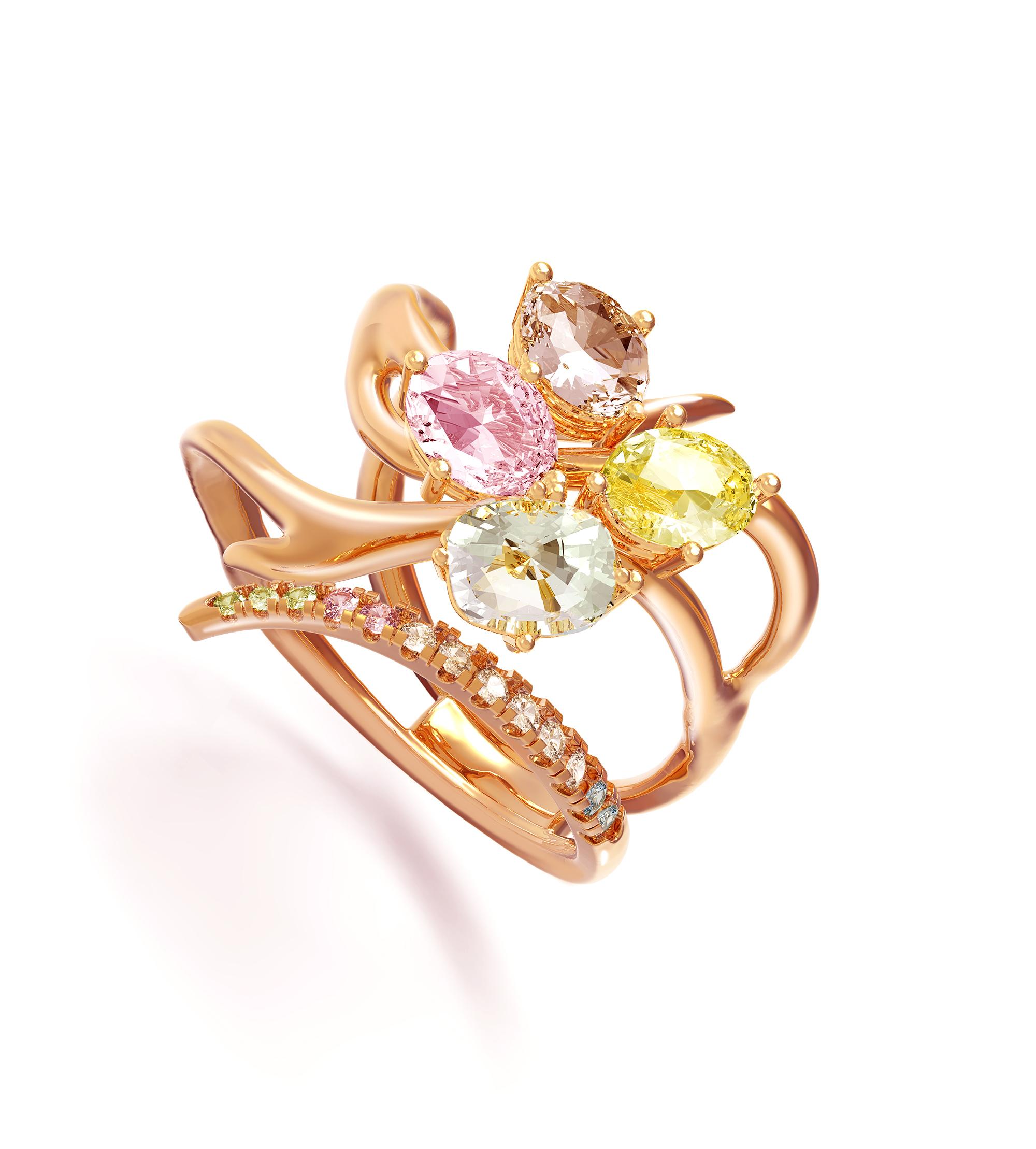 This Harajuku contemporary cocktail cluster ring is made of 18 karat rose gold with natural gems on your choice custom made.
The matching gems are:
Oval cut pink sapphire, 1,7 carats;
Unheated untreated yellow sapphire in oval cut, 1,61