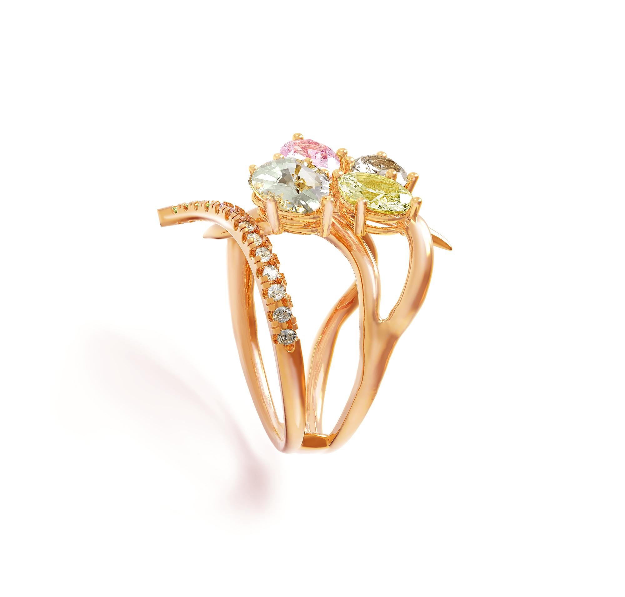 Oval Cut Eighteen Karat Rose Gold Contemporary Cocktail Cluster Ring with Pink Sapphire For Sale