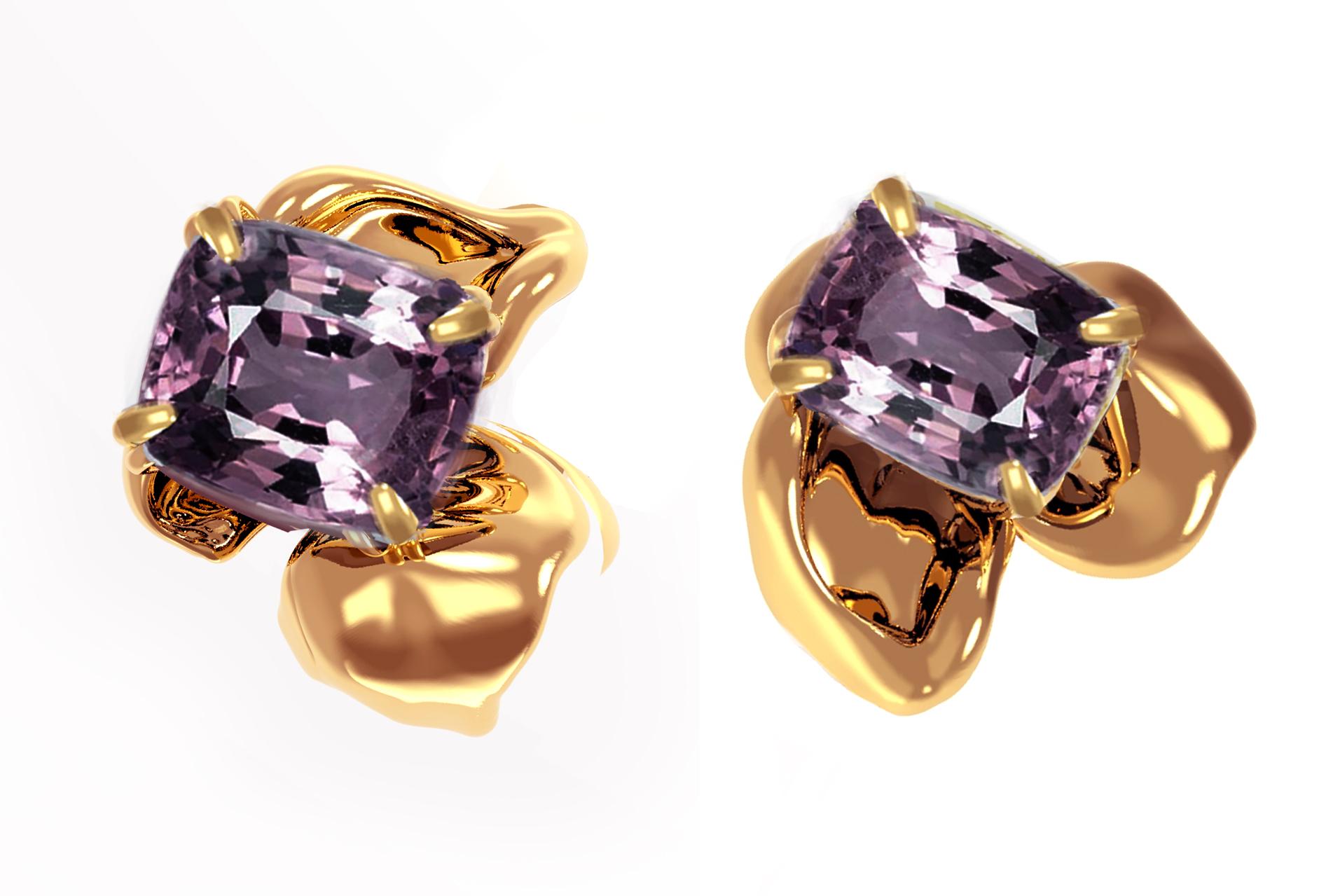 18 Karat Rose Gold Contemporary Stud Earrings with Cushion Purple Spinels For Sale 6