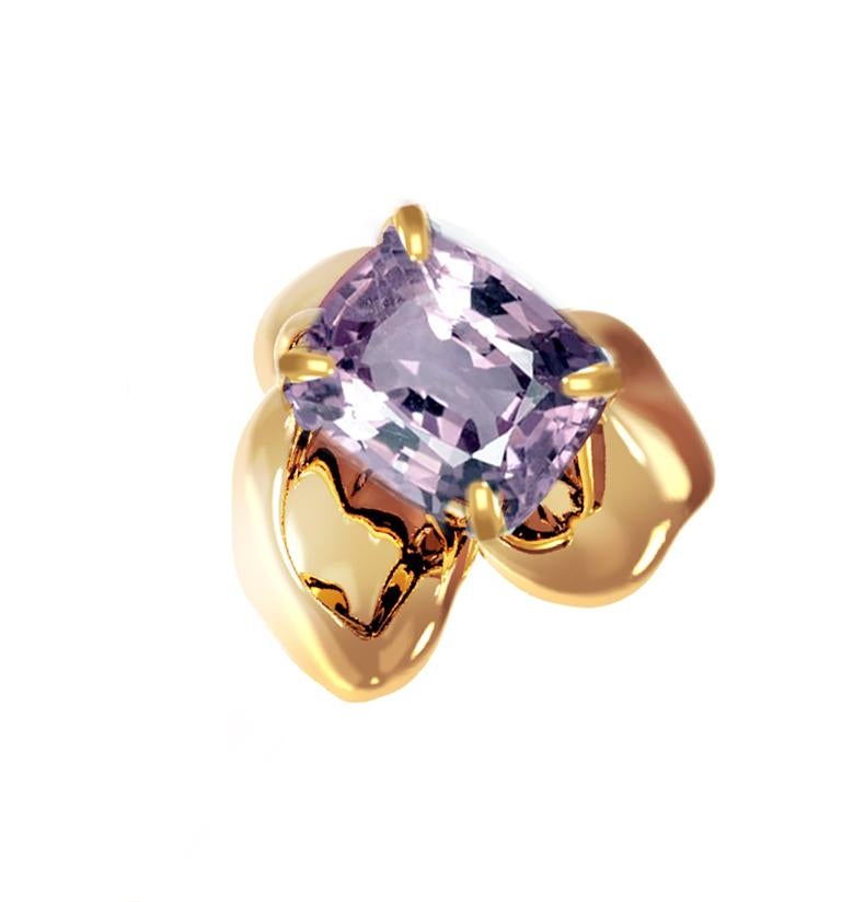 This is a piece from a contemporary jewellery collection designed by Berlin-based oil painter Polya Medvedeva.

These stud earrings are made of 18 karat rose gold and feature cushion-cut purple spinels weighing 3 carats in total. The design is both