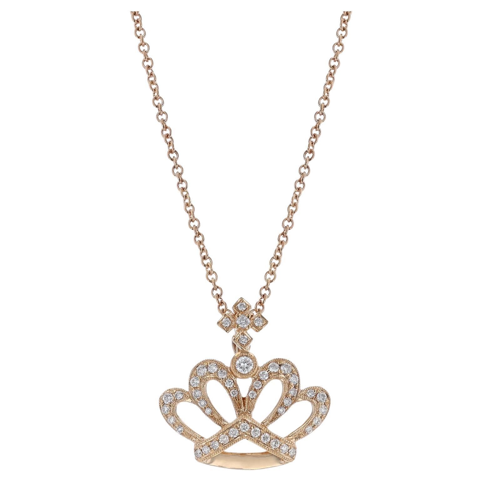 18 Karat Rose Gold Crown with Cross 0.34 Carat Diamond Necklace